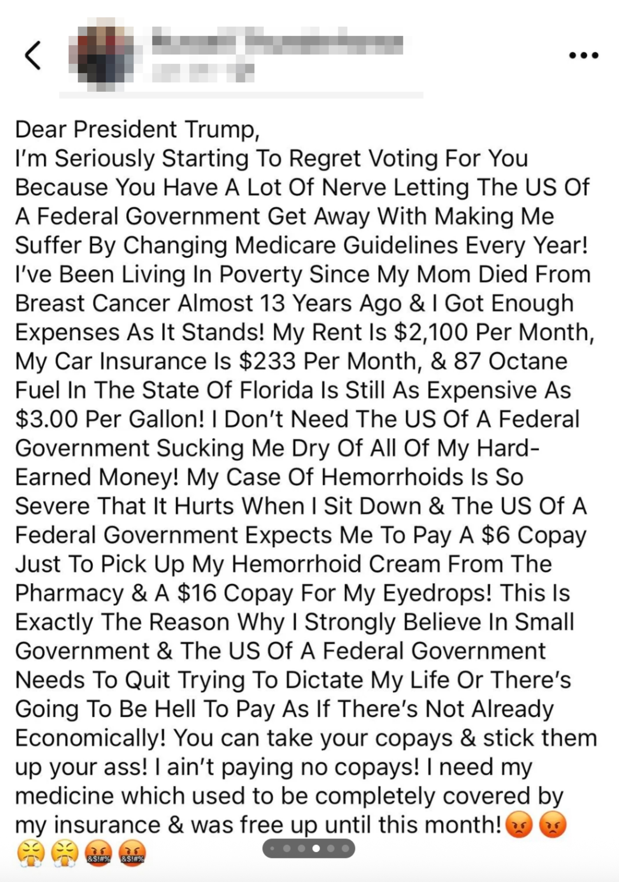 Social media station  expressing regret for voting for Trump, citing accrued  aesculapian  and surviving  expenses, Medicare argumentation  changes, and idiosyncratic   hardships