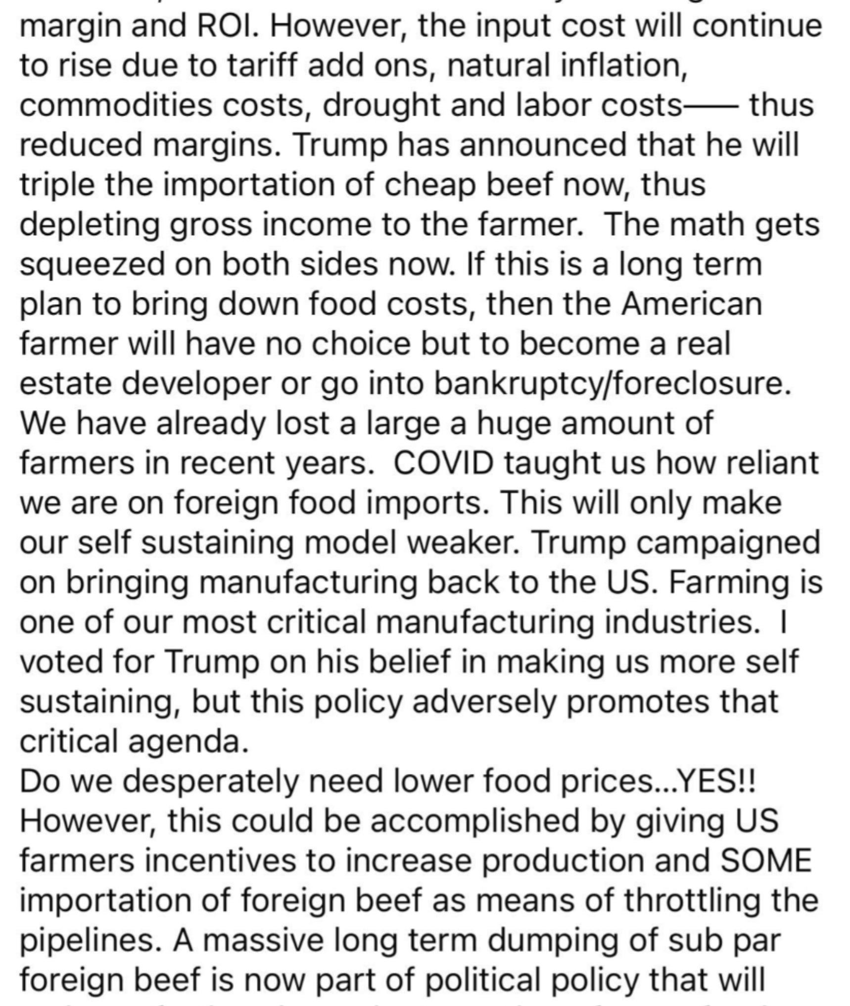 Facebook station  by Rob Racer discussing the interaction   of Trump importing Argentine beef connected  tiny  beef farms, mentioning costs, margins, and argumentation  changes