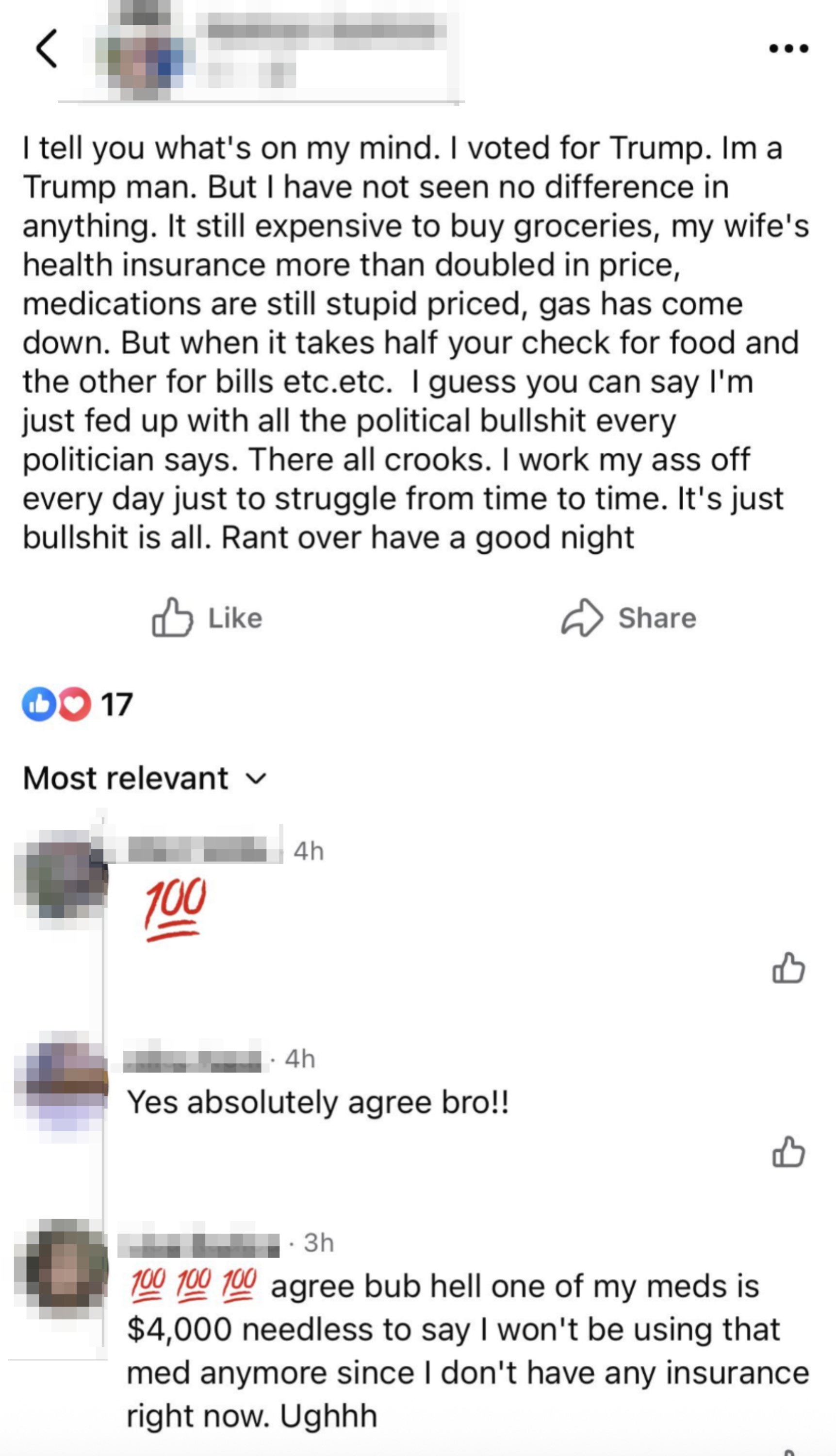 Facebook station  discussing precocious   costs of groceries, medications, and wellness  security  contempt  voting for Trump, with comments agreeing