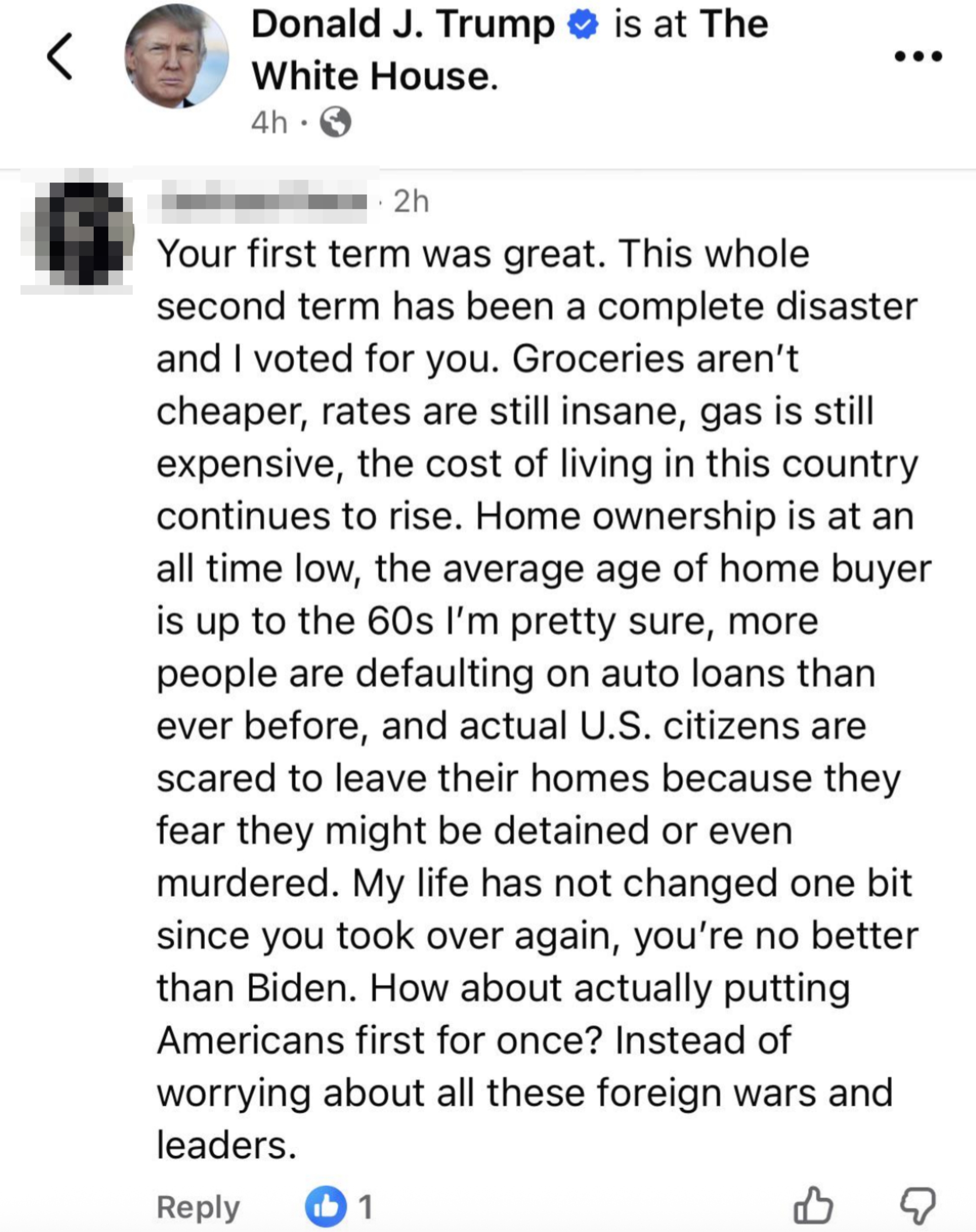 Facebook station  criticizing Donald Trump's 2nd  term, comparing it unfavorably to Joe Biden’s presidency, mentioning economical  and lodging  issues