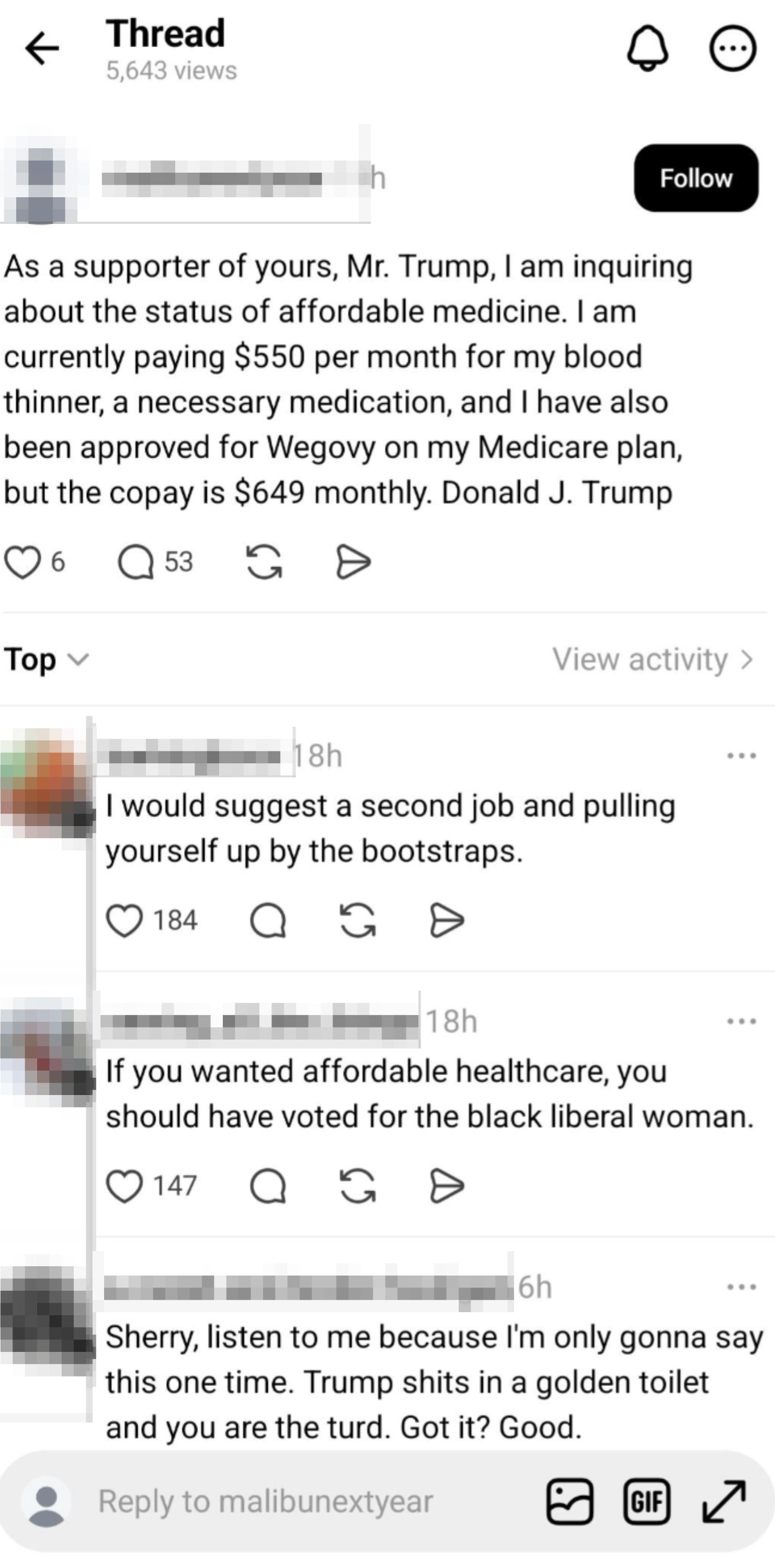 Screenshot of a societal  media station  discussing precocious   medicine  costs, specifically Wegovy for value   loss, followed by sarcastic and captious  comments