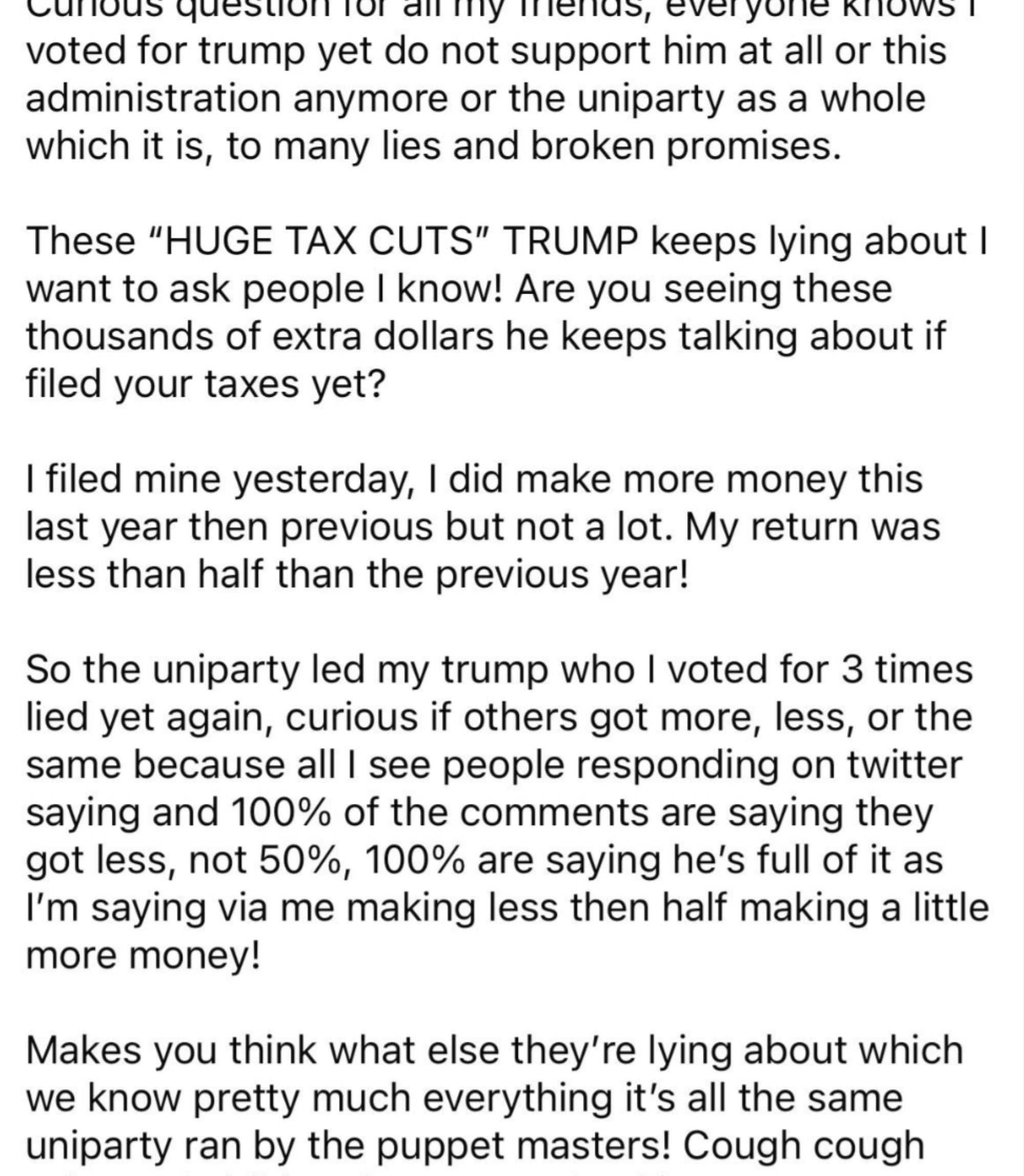 Facebook station  questioning taxation  cuts nether  Trump, expressing distrust successful  some  governmental  parties, and criticizing enactment    for banking overseas