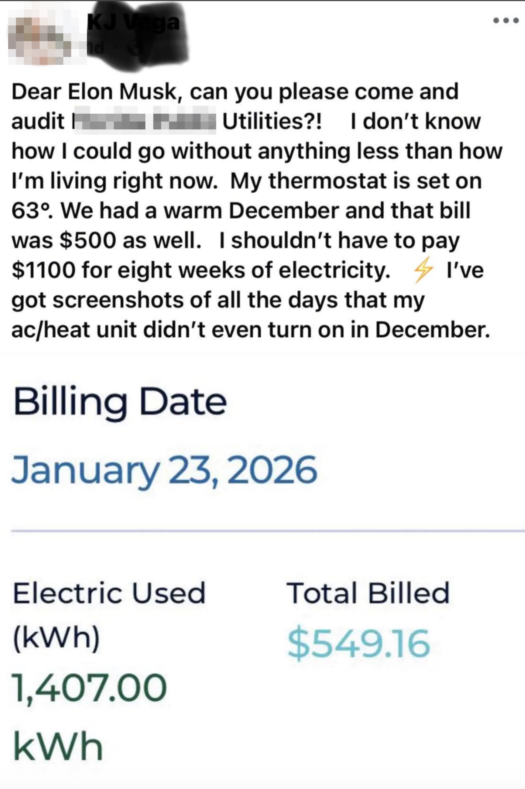 A societal  media station  requests Elon Musk to audit Florida Public Utilities, noting a precocious   measure  and thermostat settings. An electrical  measure  for $549.16 is shown