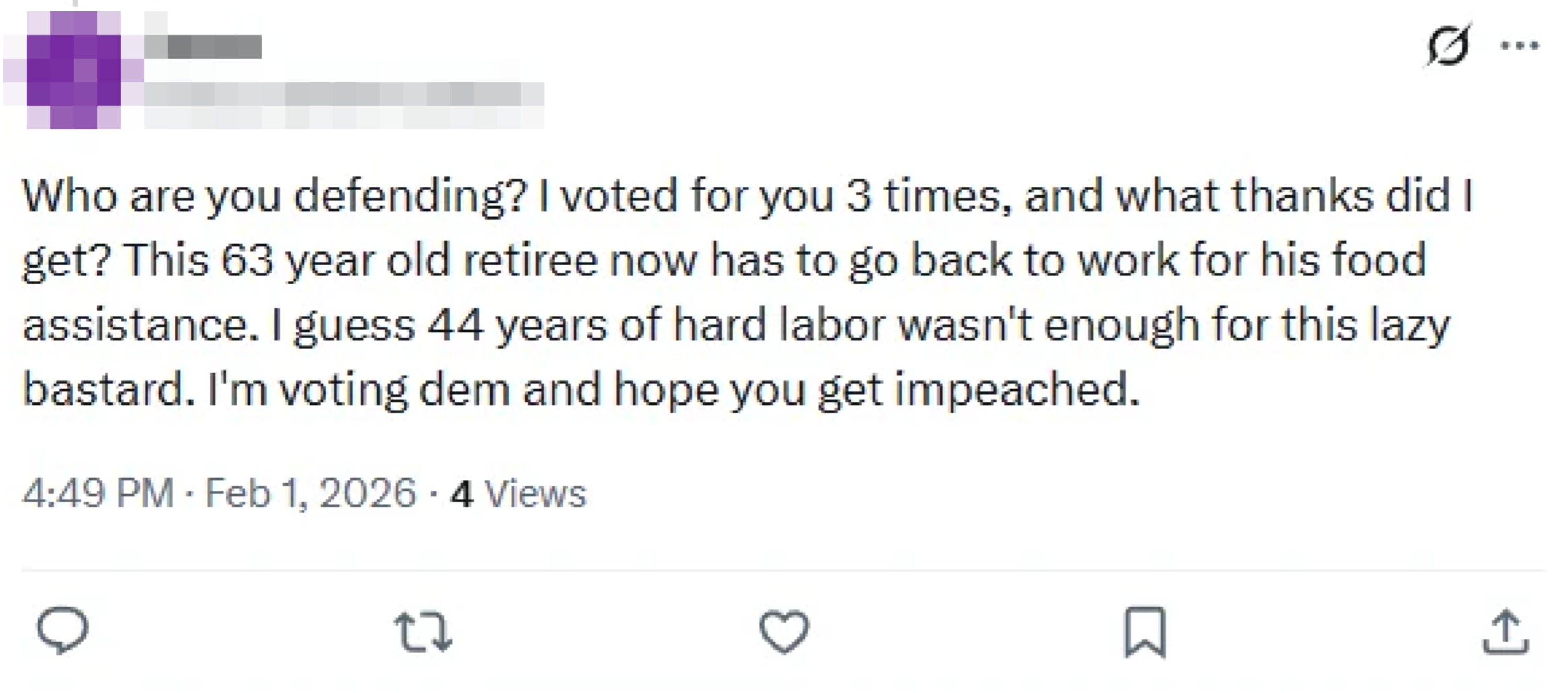 Tweet from Jason expressing vexation  astatine  a politician; mentions voting history, retirement, and returning to enactment    for nutrient  assistance