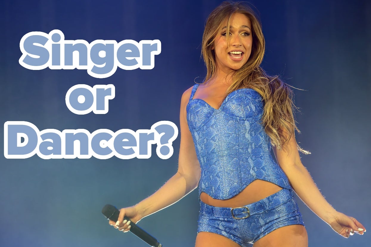 Person in a blue outfit on stage holds a microphone with the text "Singer or Dancer?" next to them