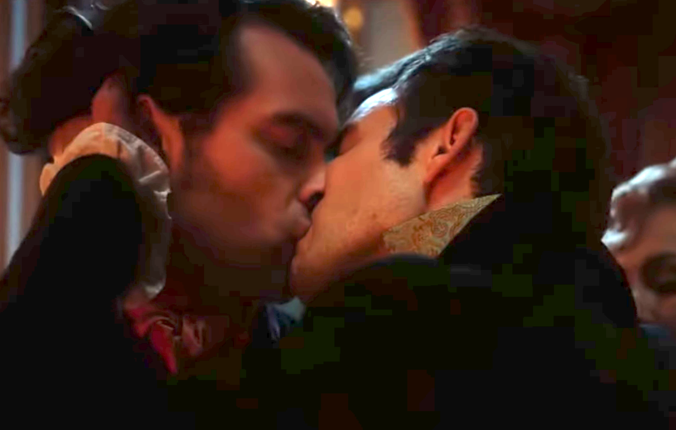 Two actors dressed successful  play  costumes stock  a passionate buss  successful  a melodramatic  scene