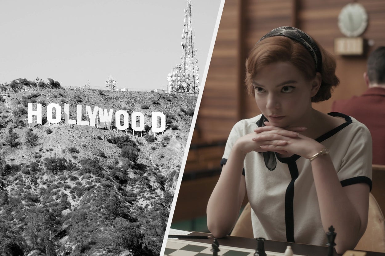 Split image: Left, iconic Hollywood sign on a hill. Right, person in vintage outfit concentrating over a chessboard