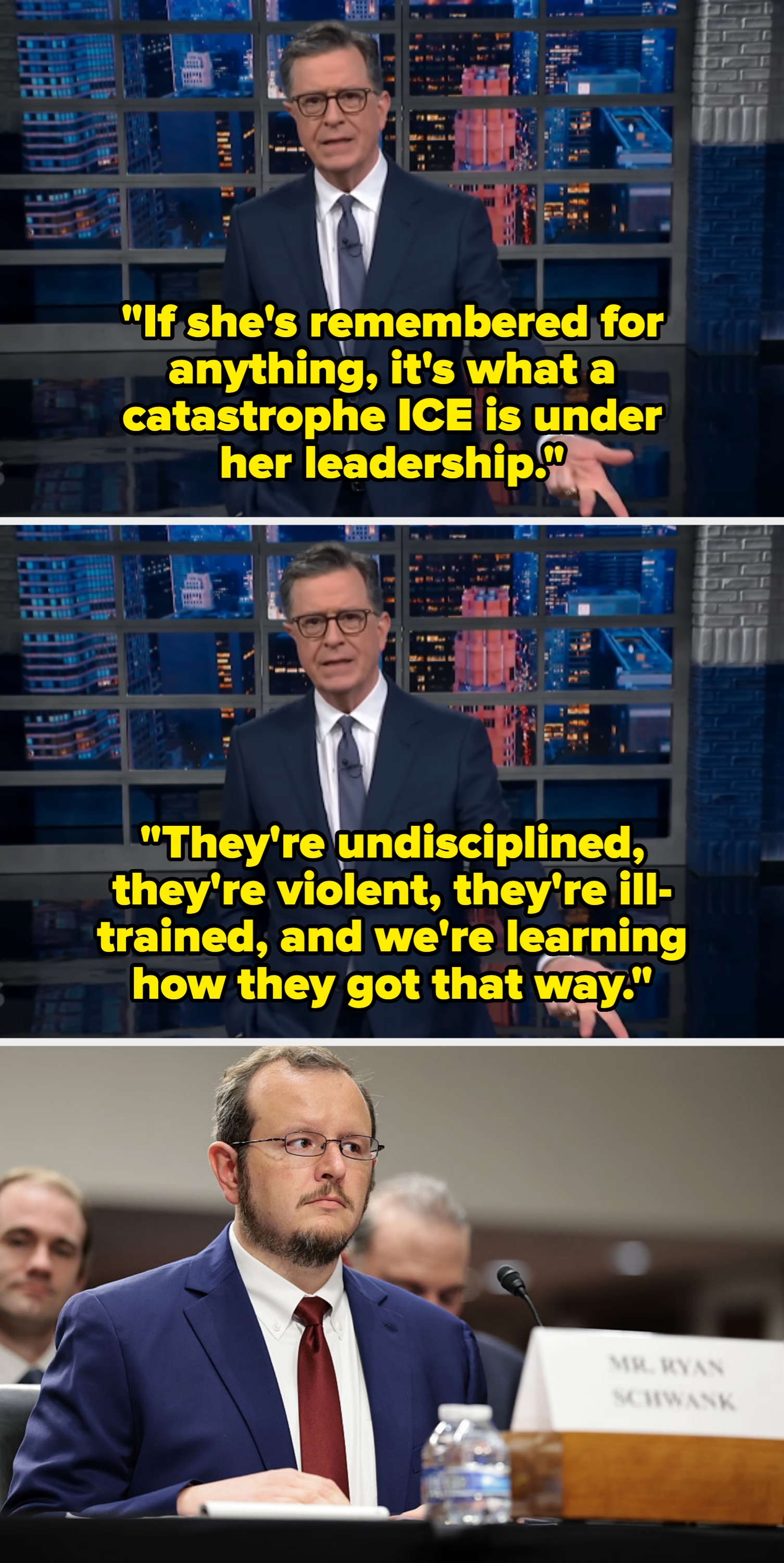 A antheral   successful  a suit   and necktie  sits astatine  a proceeding  array  with a nameplate and microphone. Others are seated successful  the background