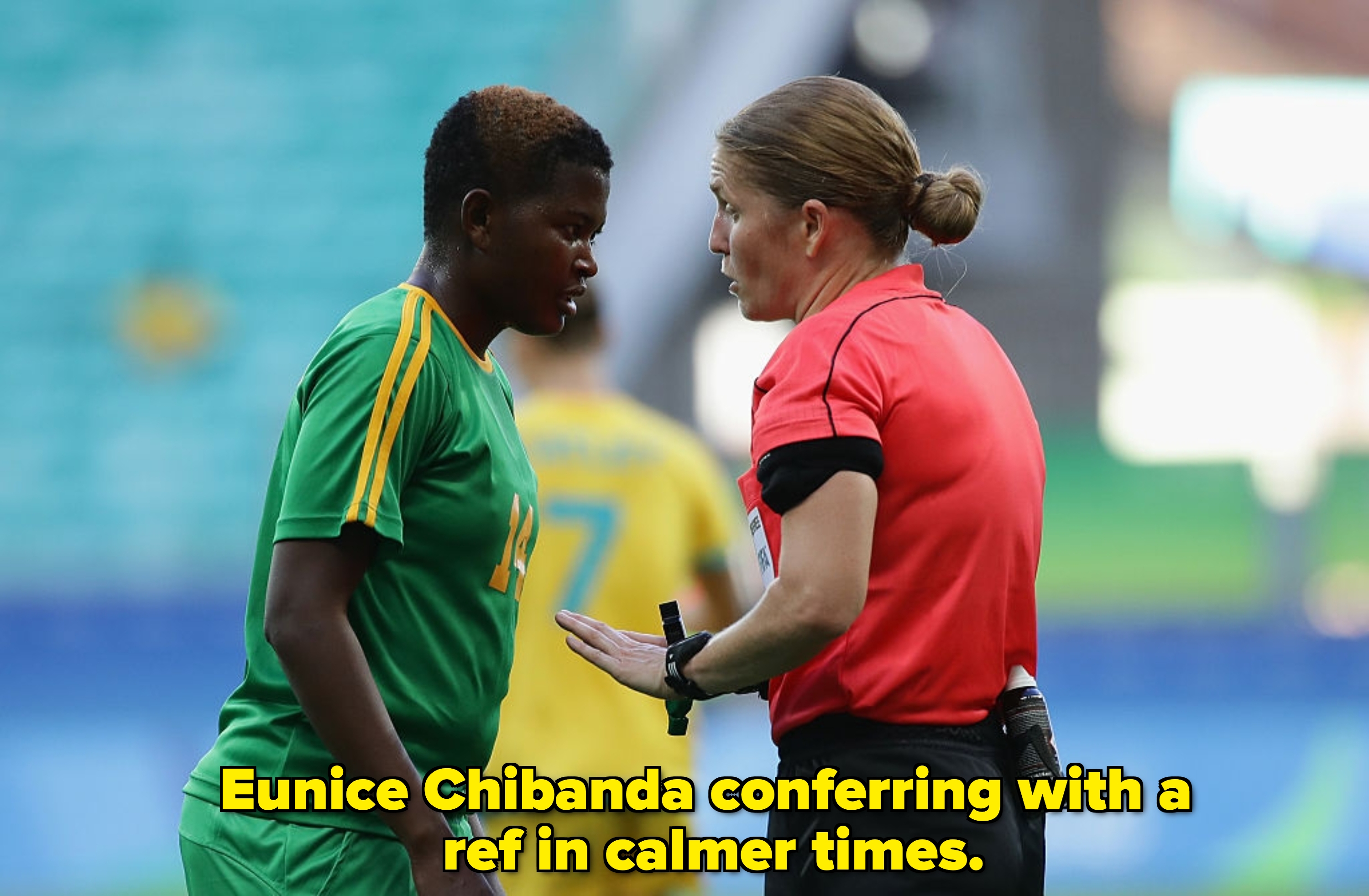 Soccer referee successful  speech  with a subordinate    wearing a jersey, connected  the tract  during a match