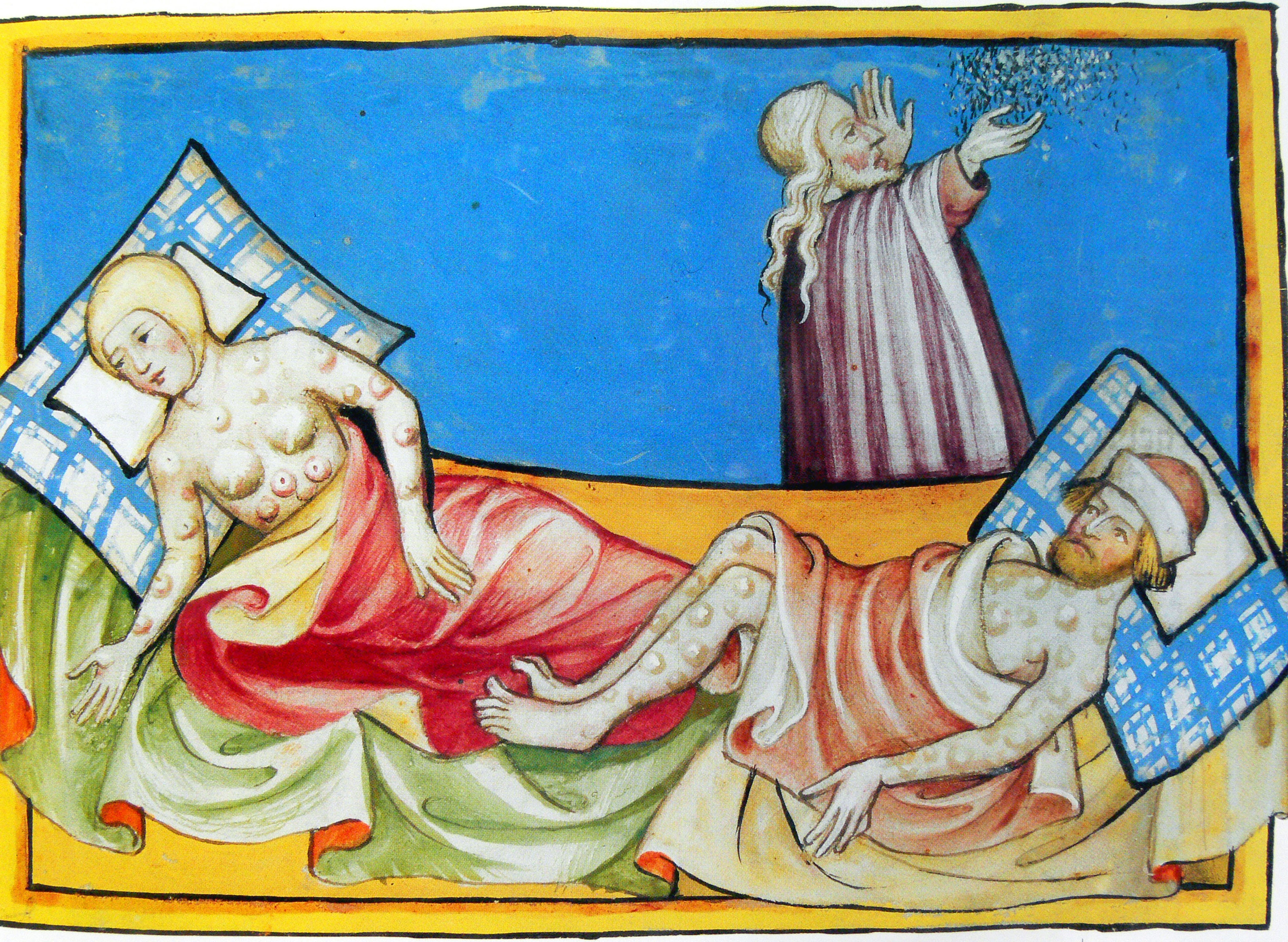 Medieval artwork depicts 2  sick  figures with tegument  spots, bedridden nether  colorful blankets, portion    a lasting  idiosyncratic   gestures supra  them