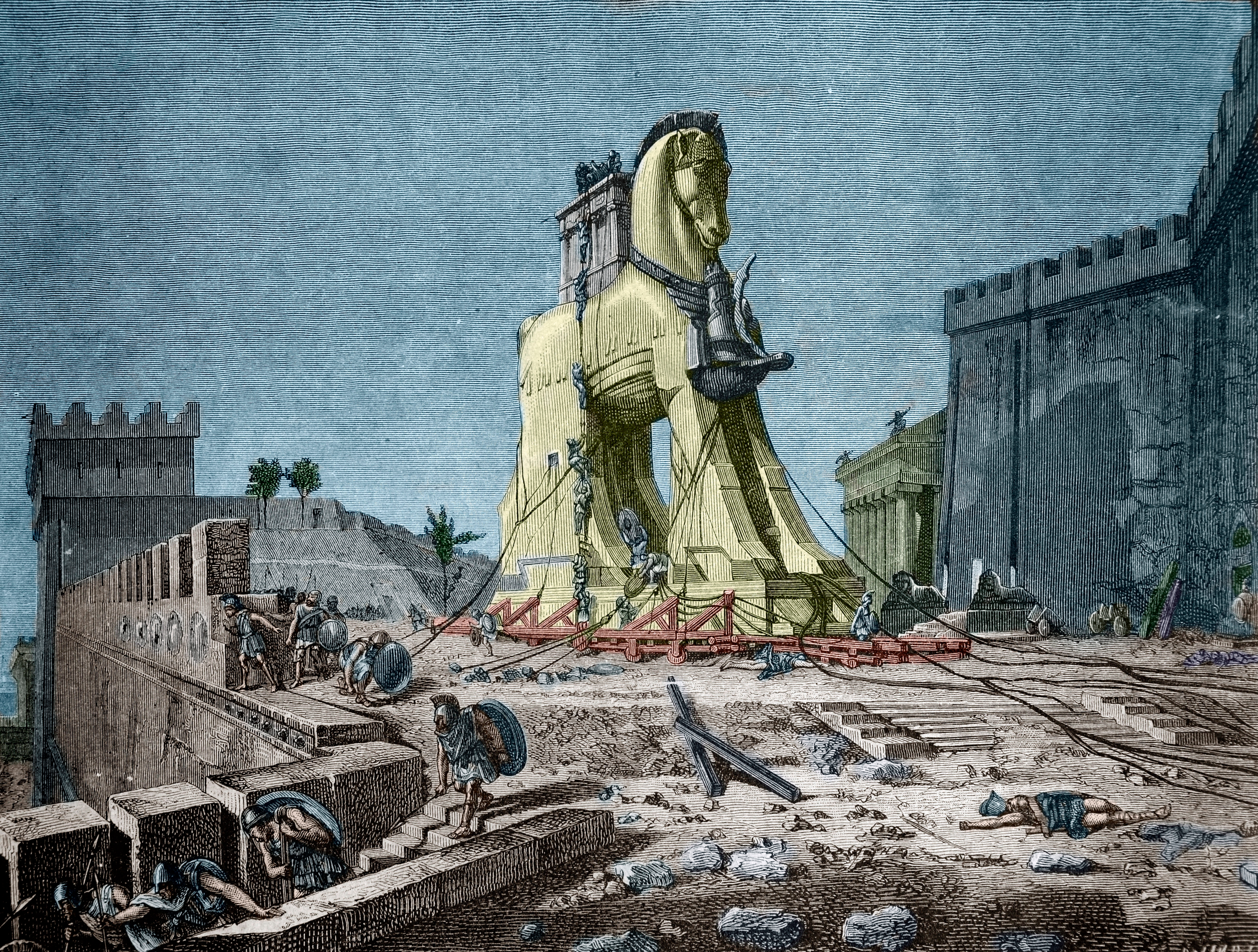 Illustration of the Trojan Horse being pulled into Troy, depicting past  soldiers and the city’s defenses