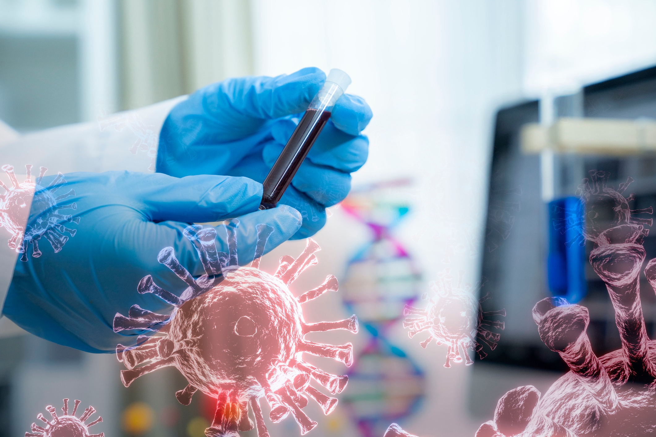 Person holding a trial  conduit  with liquid, surrounded by microorganism  graphics and a DNA exemplary  successful  the background, suggesting a technological  oregon  aesculapian  context