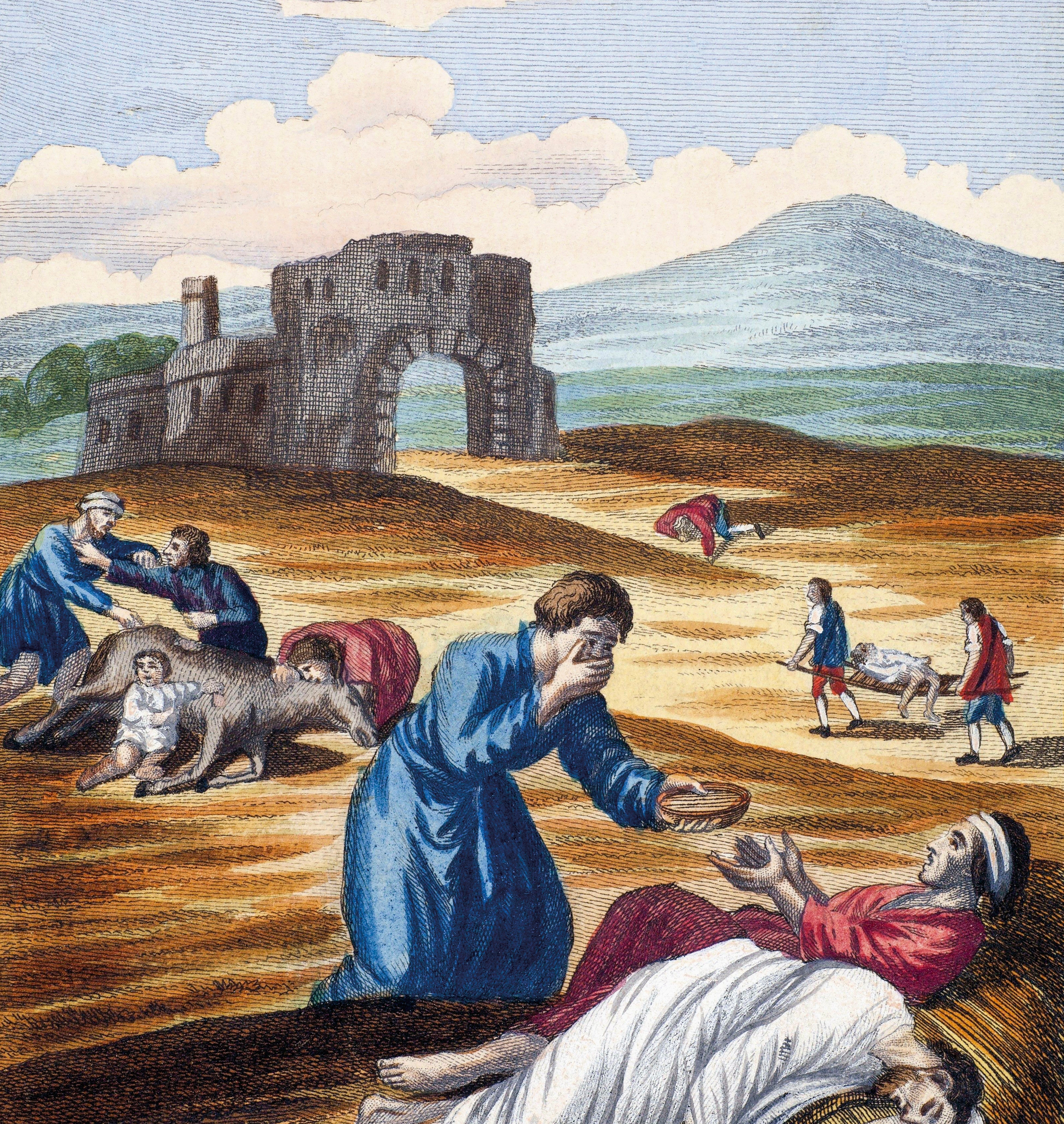 People administer assistance  to sick   individuals extracurricular  a metropolis  gate, with a absorption   connected  a antheral   offering nutrient  to a reclining person. Scene depicts humanities  care