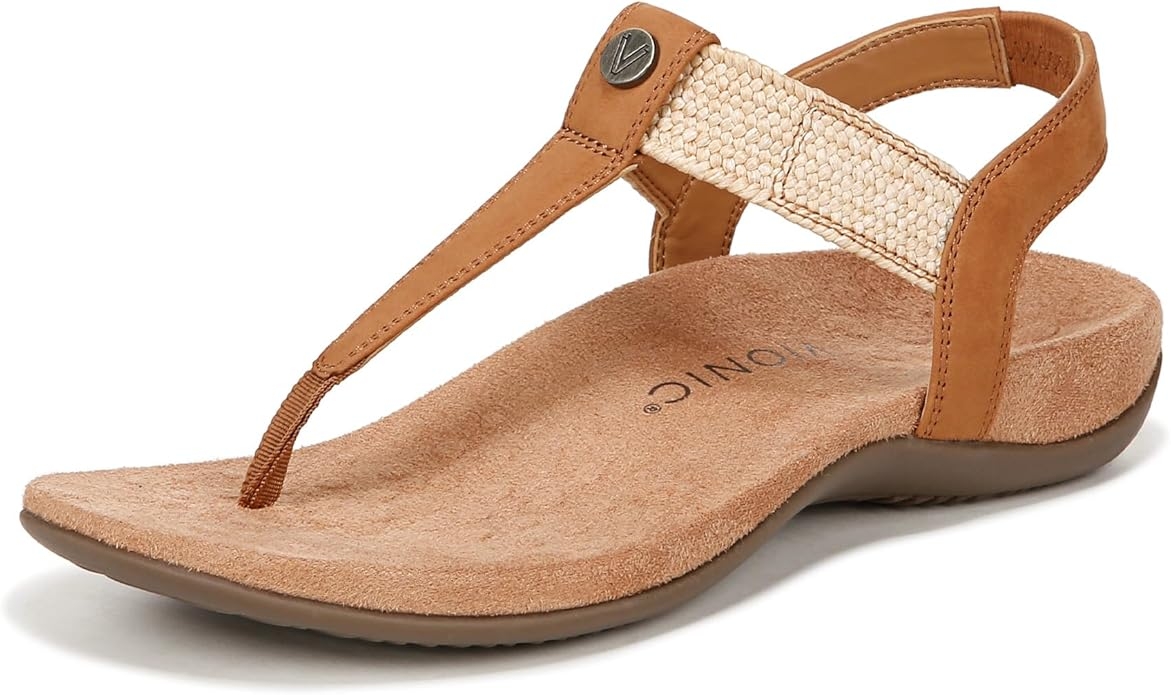 Comfortable tan sandal with woven strap and toed  loop, suitable for casual wear.