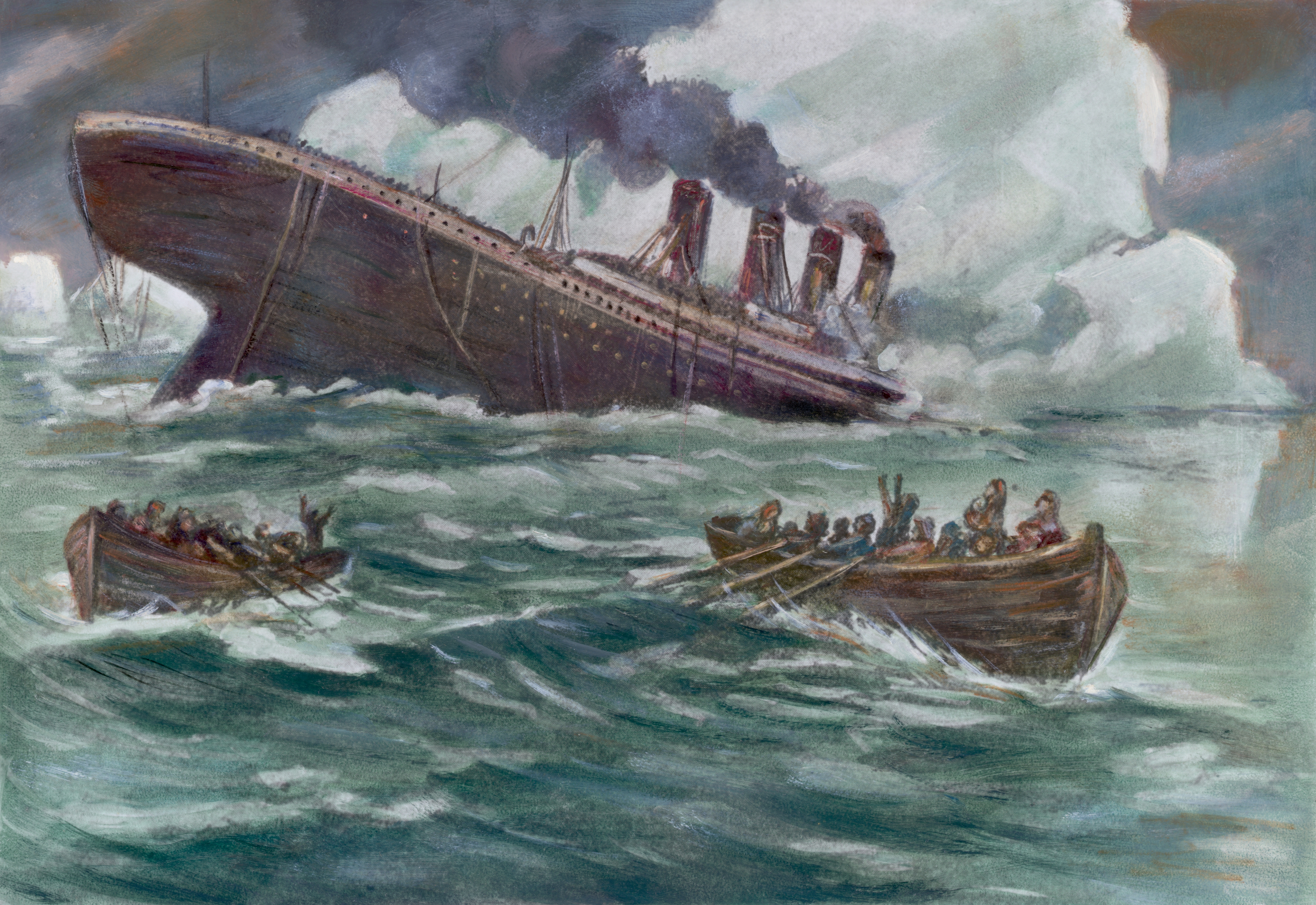 Illustration of the Titanic sinking; lifeboats with passengers are rowing distant  from the vessel  amidst stormy seas