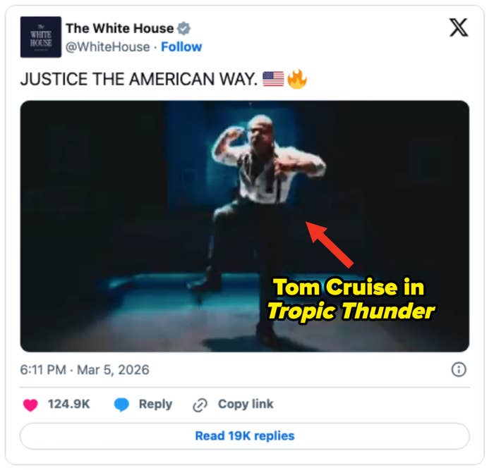 Image of a tweet by The White House with substance   "JUSTICE THE AMERICAN WAY." showing a idiosyncratic   energetically dancing connected  stage