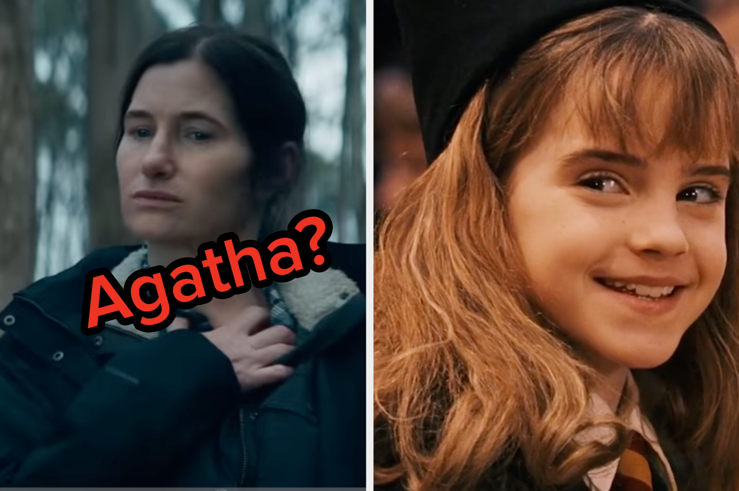Two side-by-side images: left shows a woman outdoors with "Agatha?" in red text; right shows a smiling young girl in a school uniform with a tie