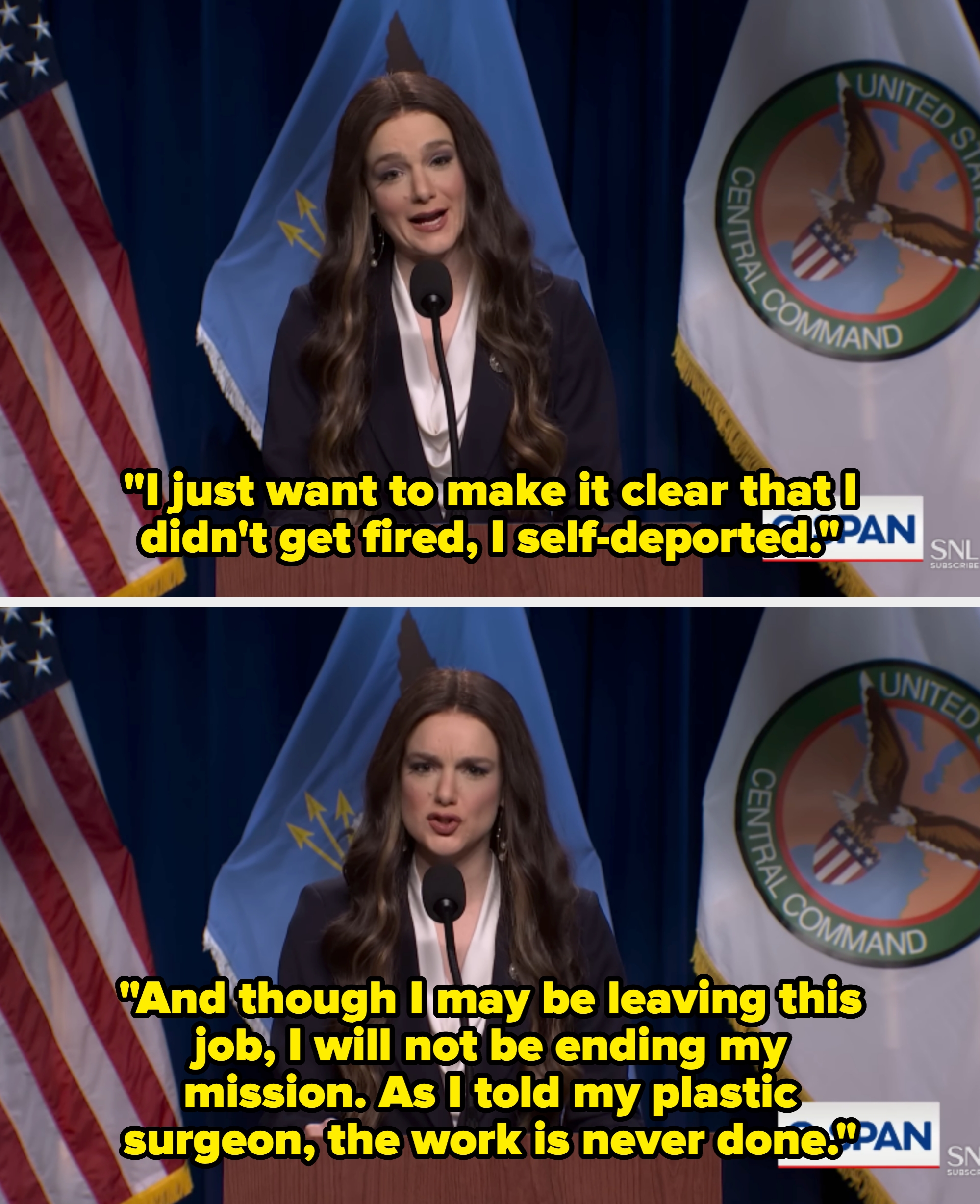 A woman in a dark blazer speaks at a podium with flags in the background, as seen in a C-SPAN broadcast