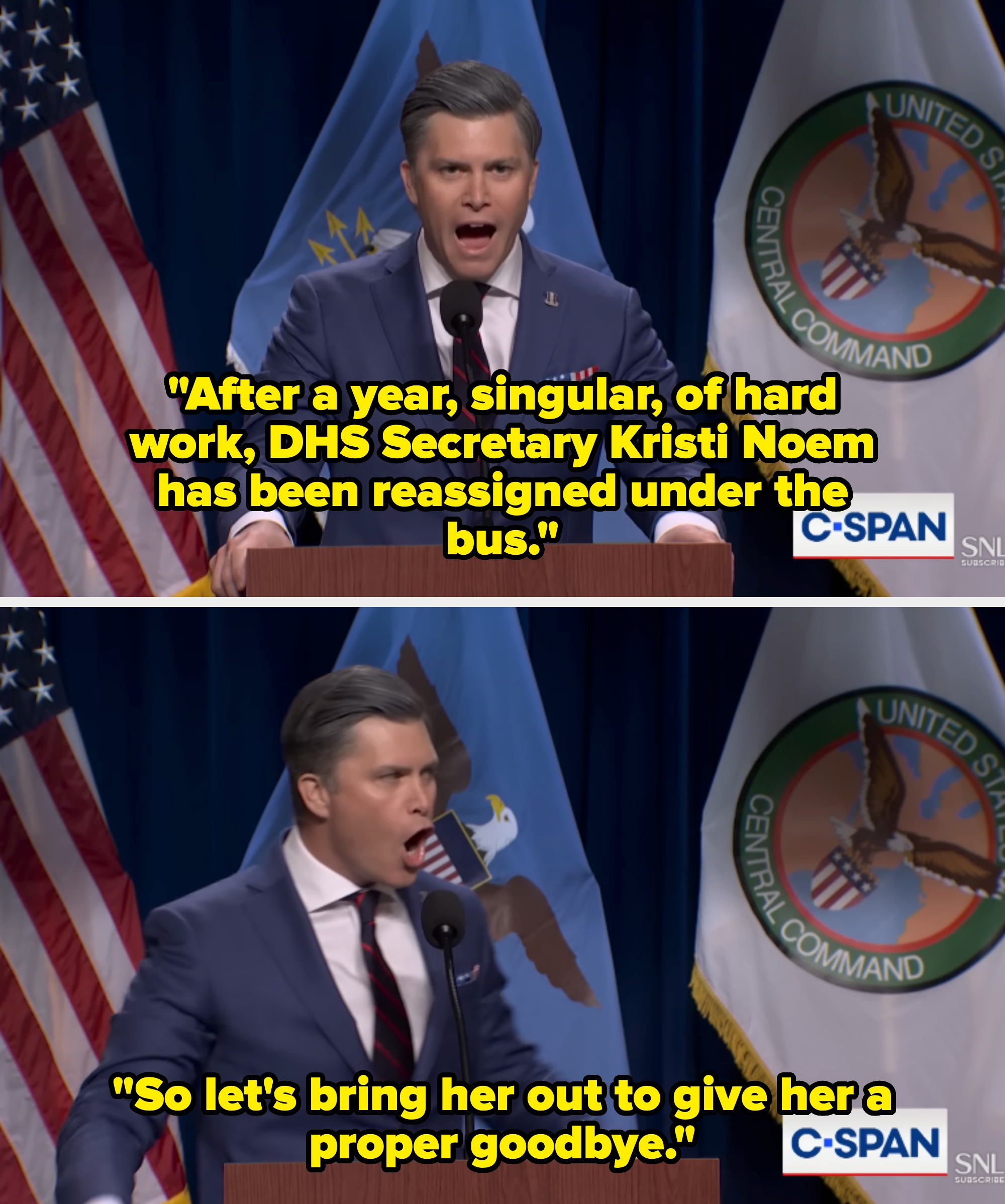 Person in a suit passionately speaking at a podium with flags in the background