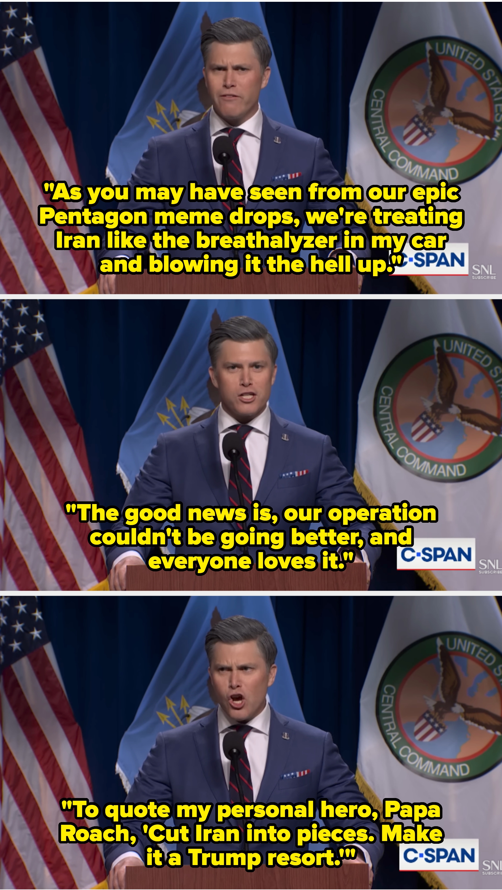 A person in a suit speaks passionately at a podium with U.S. and military flags in the background