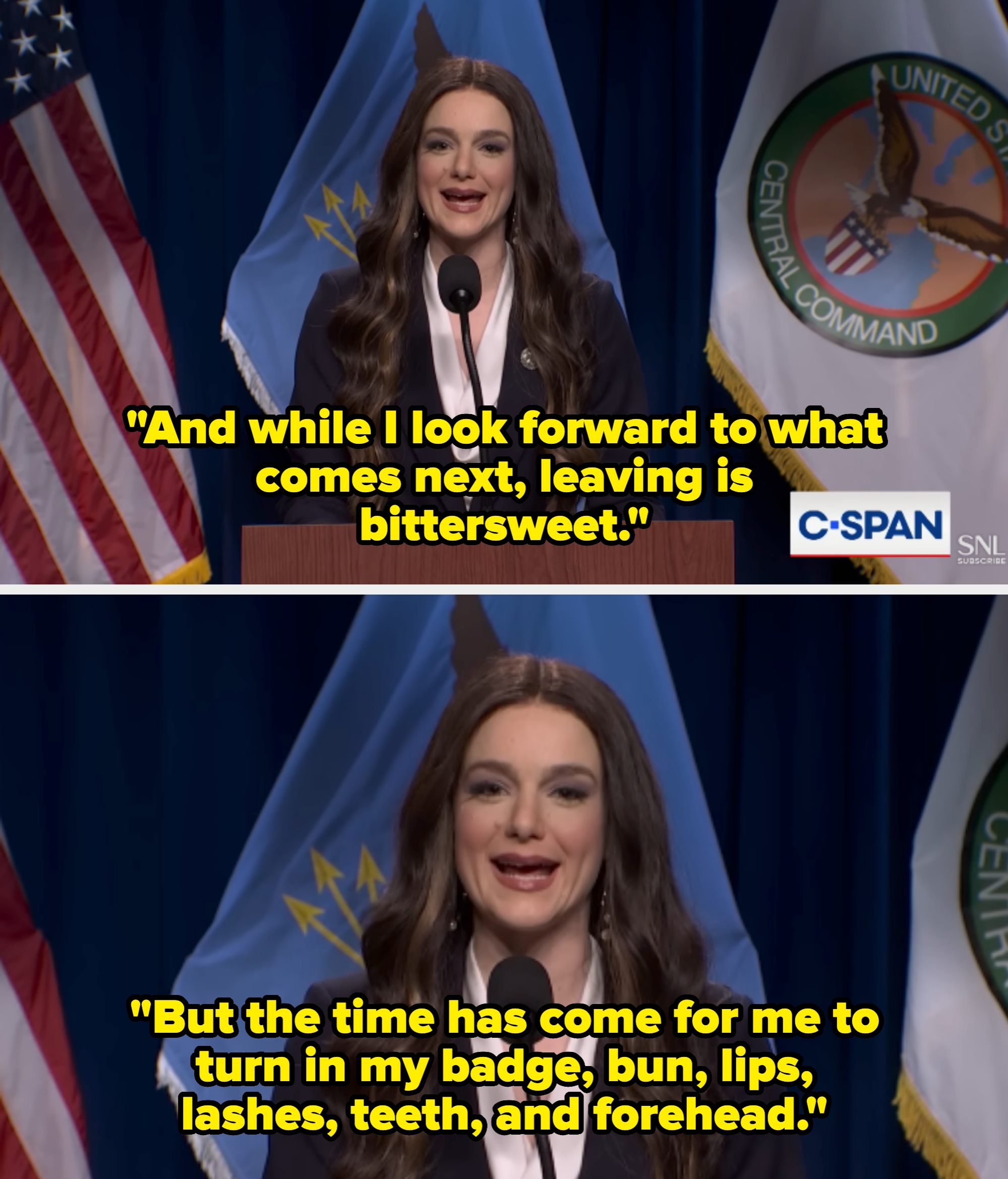 Person speaking at a podium with flags and a C-SPAN logo, dressed formally in a dark suit with long wavy hair
