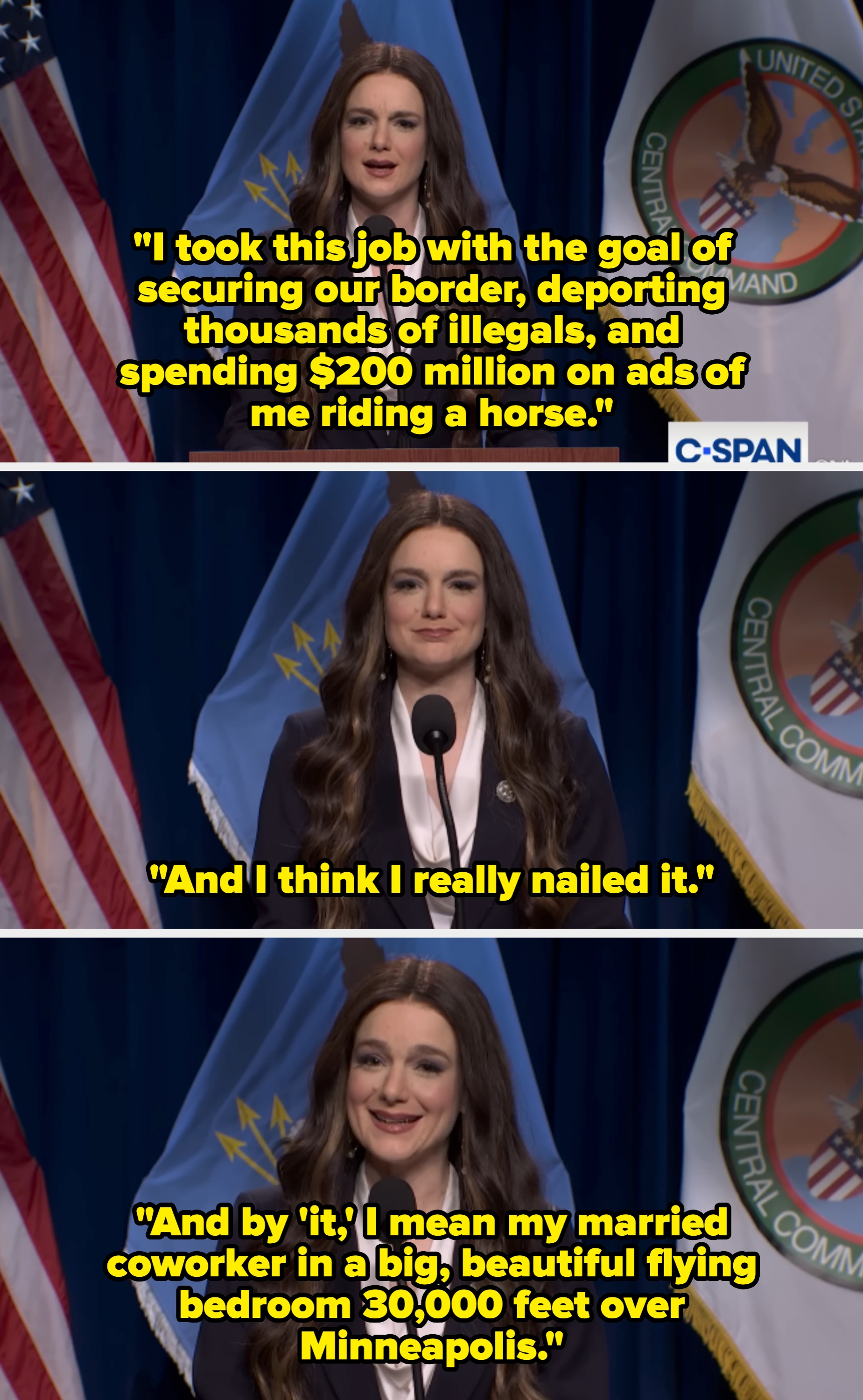 A person humorously discusses job achievements, mentioning border security, deportation, spending on ads, and a personal anecdote about a coworker