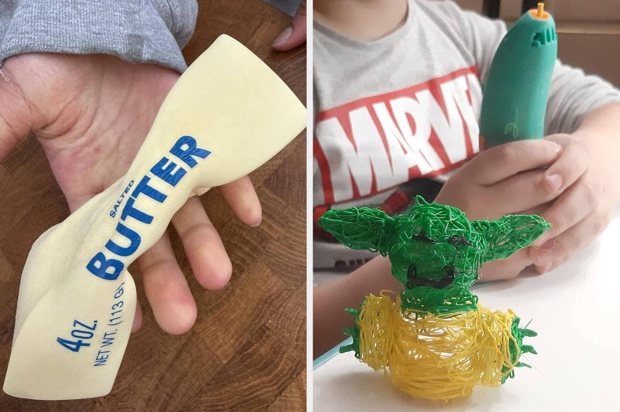 On the left, a hand holds a stick of butter. On the right, a child holds a 3D pen, displaying a green and yellow 3D model of a fictional character