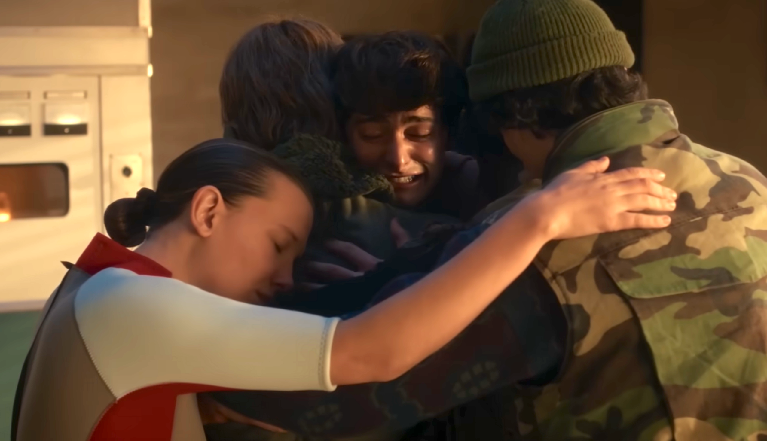 Group hug country   from a TV oregon  movie, featuring young adults successful  assorted  outfits, including camouflage and wetsuits, with a heartfelt atmosphere
