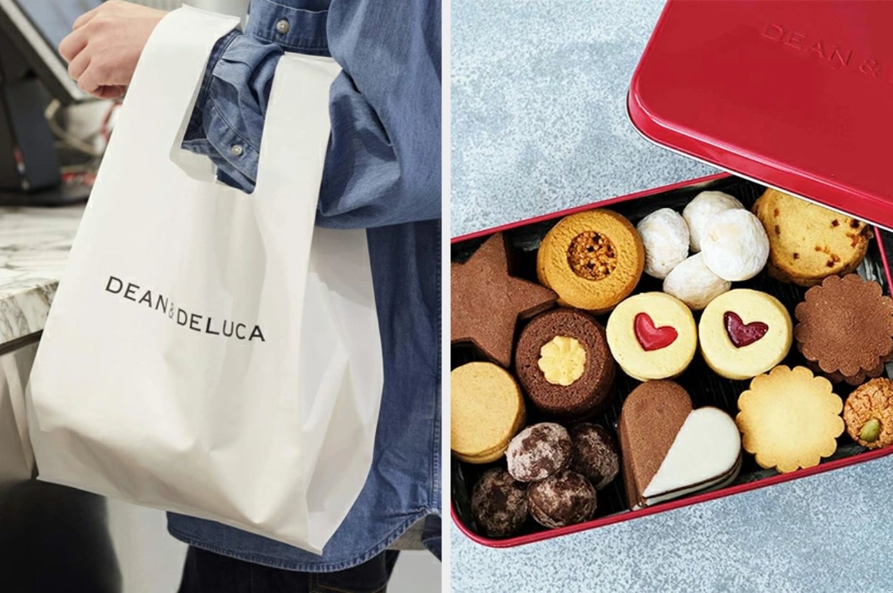 左:「DEAN & DELUCA」のロゴ入りバッグを持つ人。右:「DEAN & DELUCA」のクッキー缶イメージ図