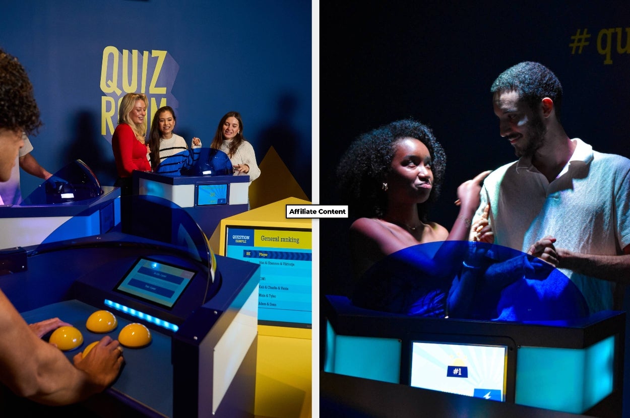 People participating in an interactive quiz, smiling and engaging with touchscreen displays in a vibrant exhibit space