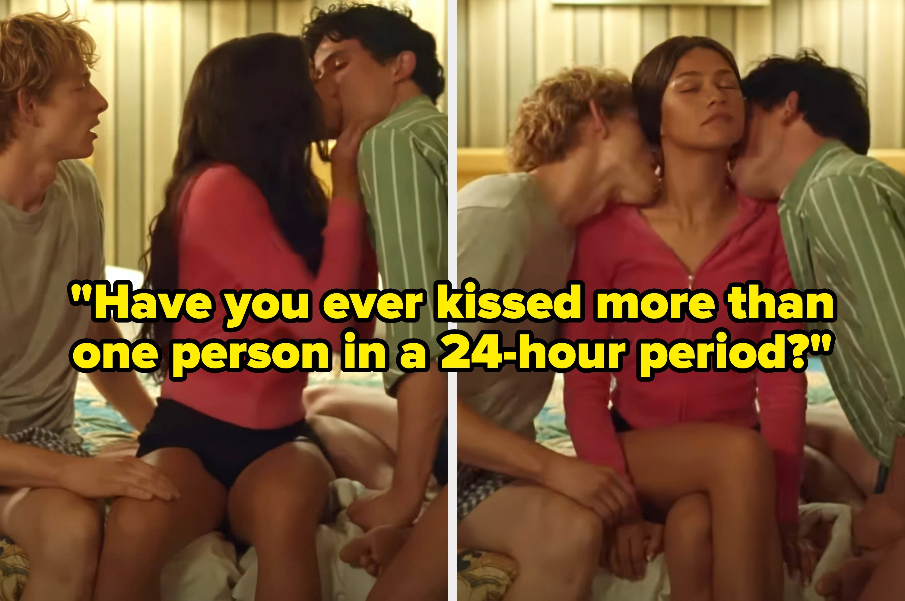 Three people sit closely together on a couch. Text reads, "Have you ever kissed more than one person in a 24-hour period?"