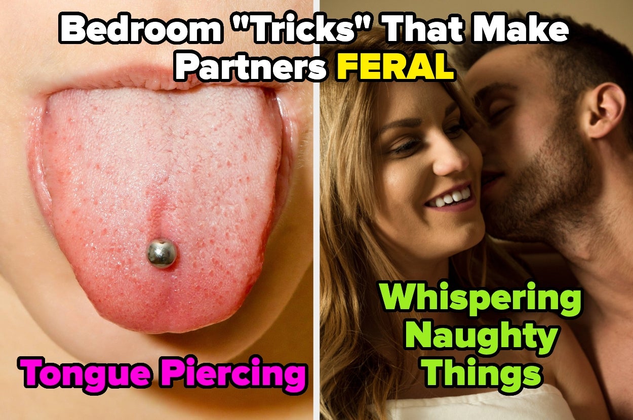 Split image: Left shows tongue with piercing; right displays man whispering to woman's ear, both smiling. Headers highlight bedroom tricks