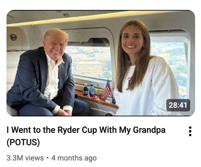 Two radical   smiling wrong  an airplane. The caption reads, "I Went to the Ryder Cup With My Grandpa (POTUS)."