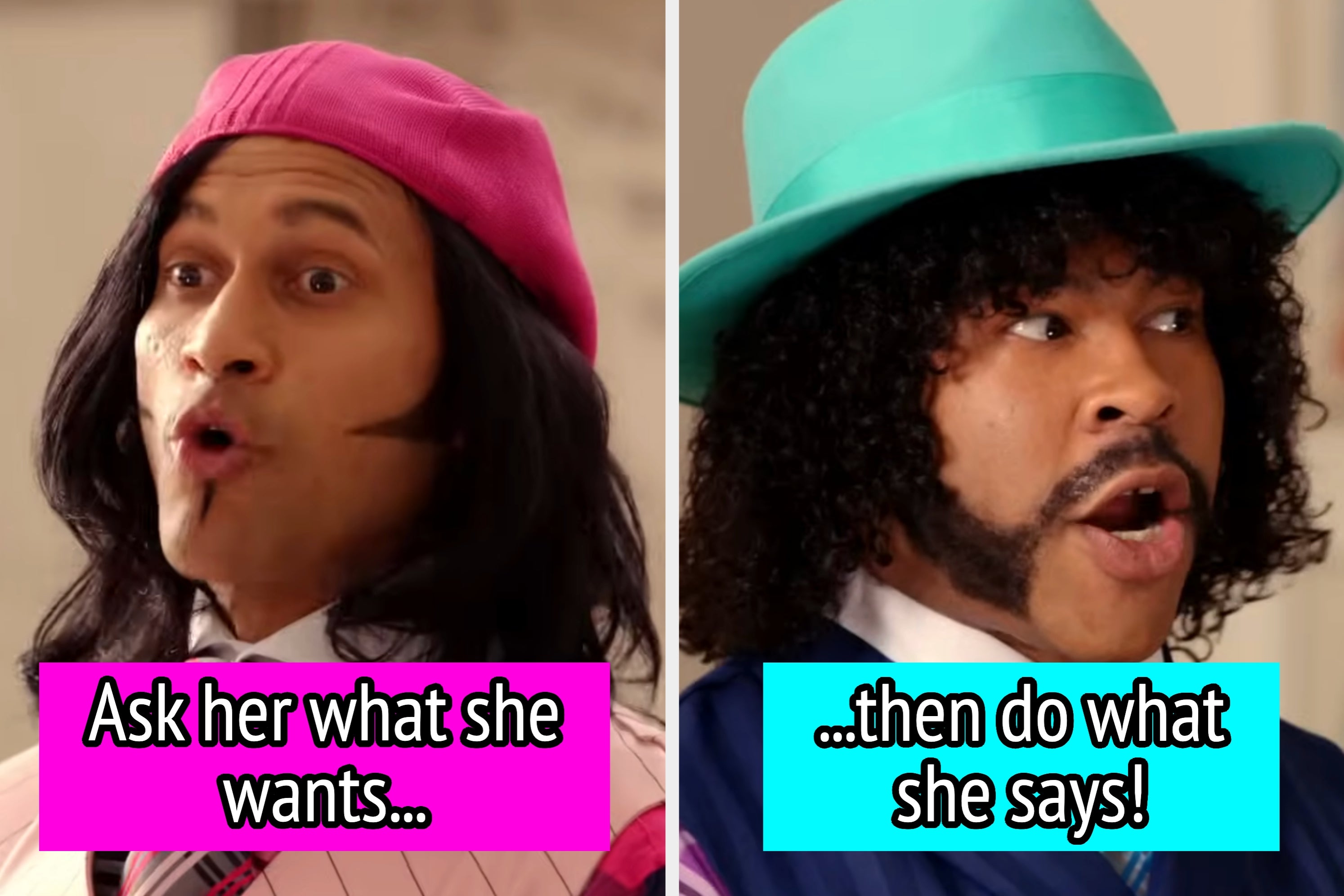 Two men wearing distinctive hats, stylish suits, and expressive facial hair, appear surprised and animated