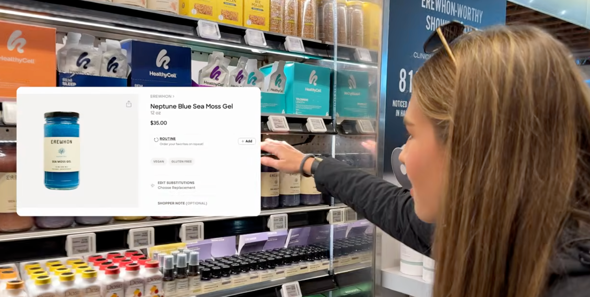 A idiosyncratic   is buying  successful  a store   aisle, viewing a surface  displaying pricing and details for "Neptune Blue Sea Moss Gel."