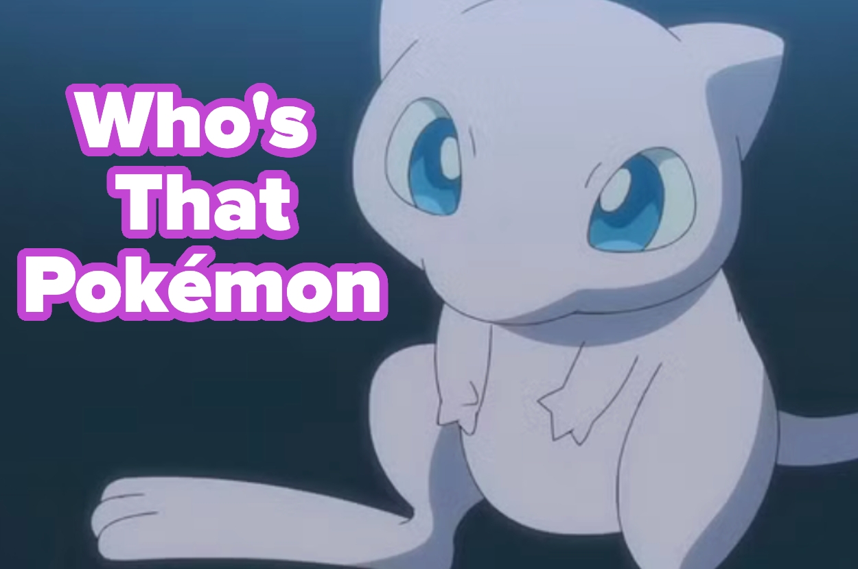 "Who's That Pokémon?" text next to Mew, a small, cat-like creature from Pokémon, with large eyes and a long tail