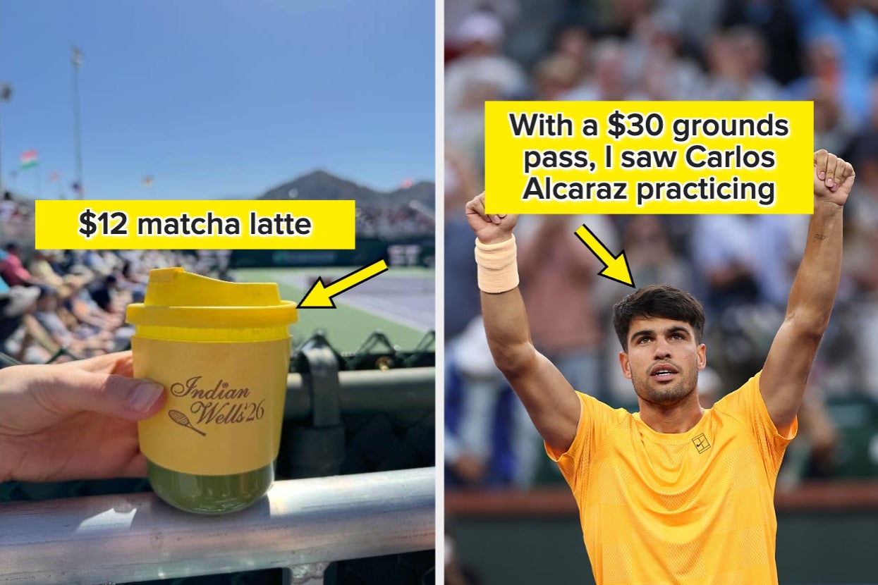 Left: A hand holds a cup labeled "Indian Wells" near a tennis court. Right: Tennis player raises arms in victory on the court