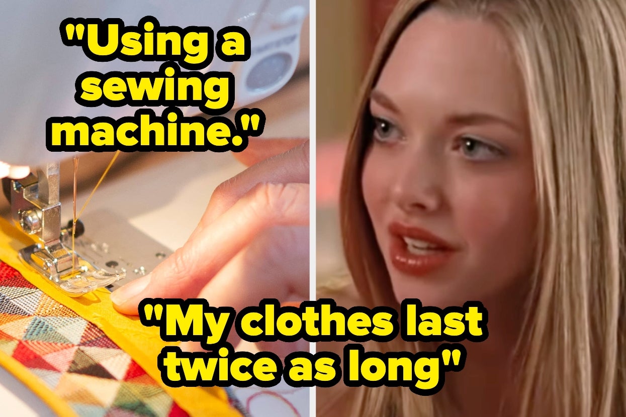 Split image: Left side shows a quilt being sewn with a machine, right side shows a person saying, "My clothes last twice as long."