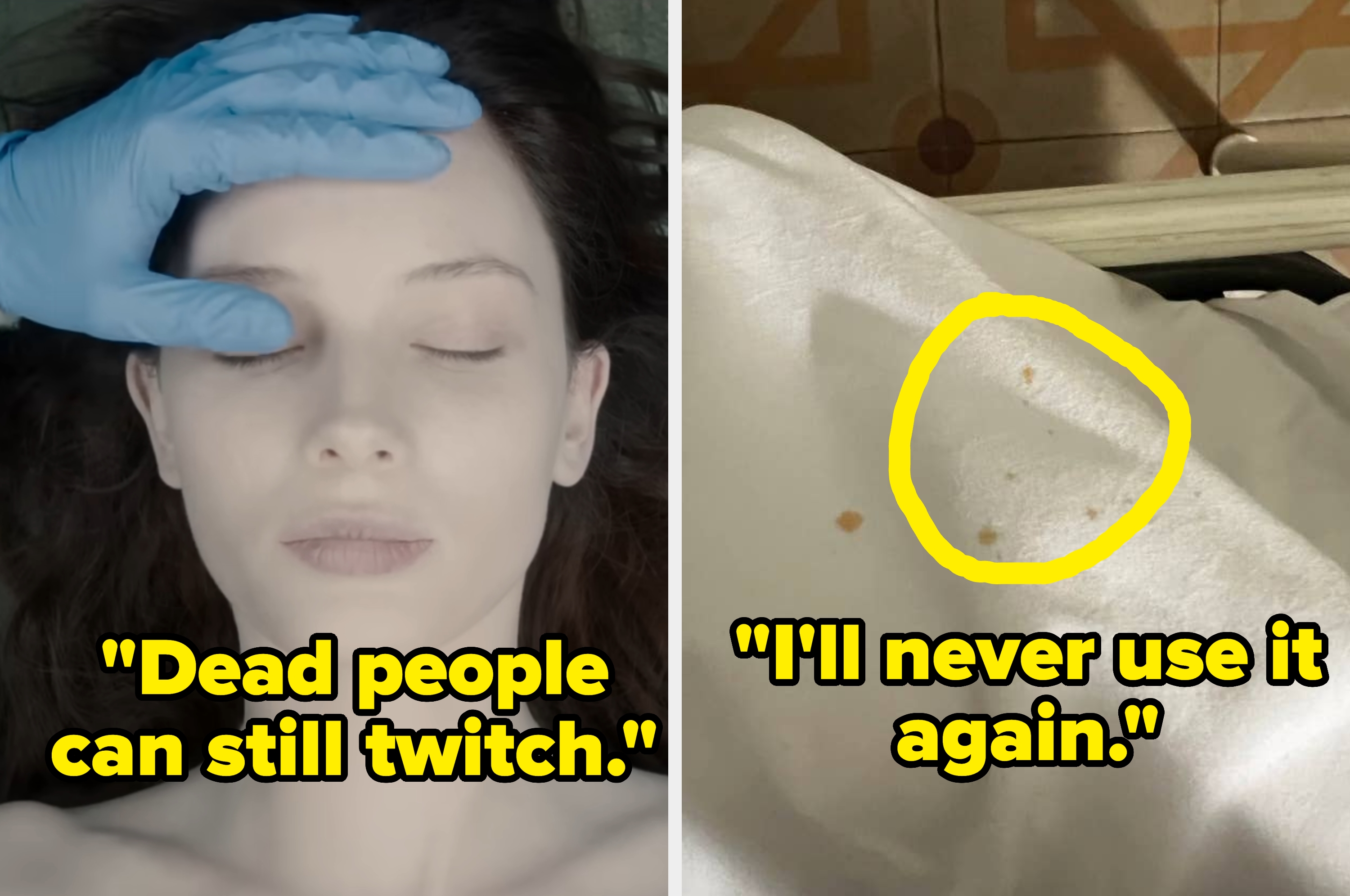 Left: Ballerina on pointe with caption “I was surprised by this.” Right: White fabric with stains, caption “I'll never use it again.”