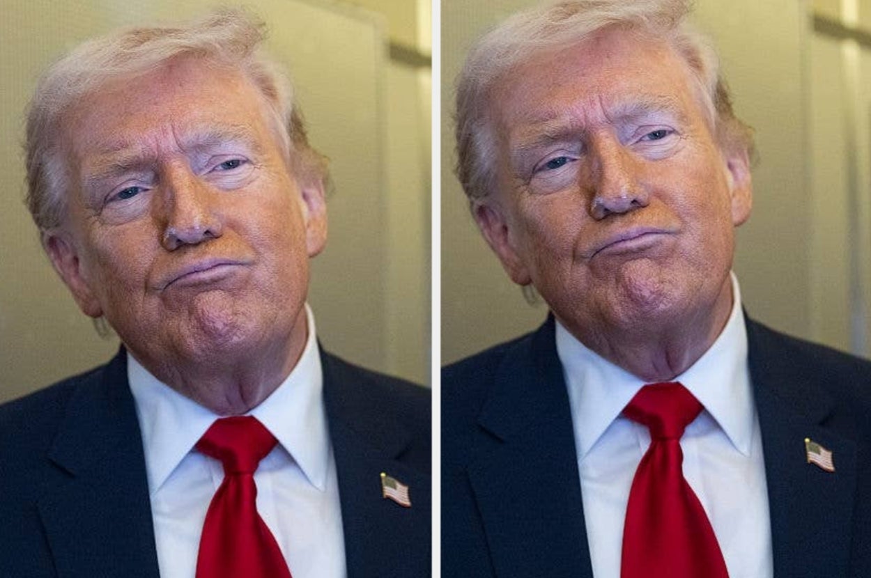Man in a suit with a red tie, making a similar facial expression in two side-by-side images