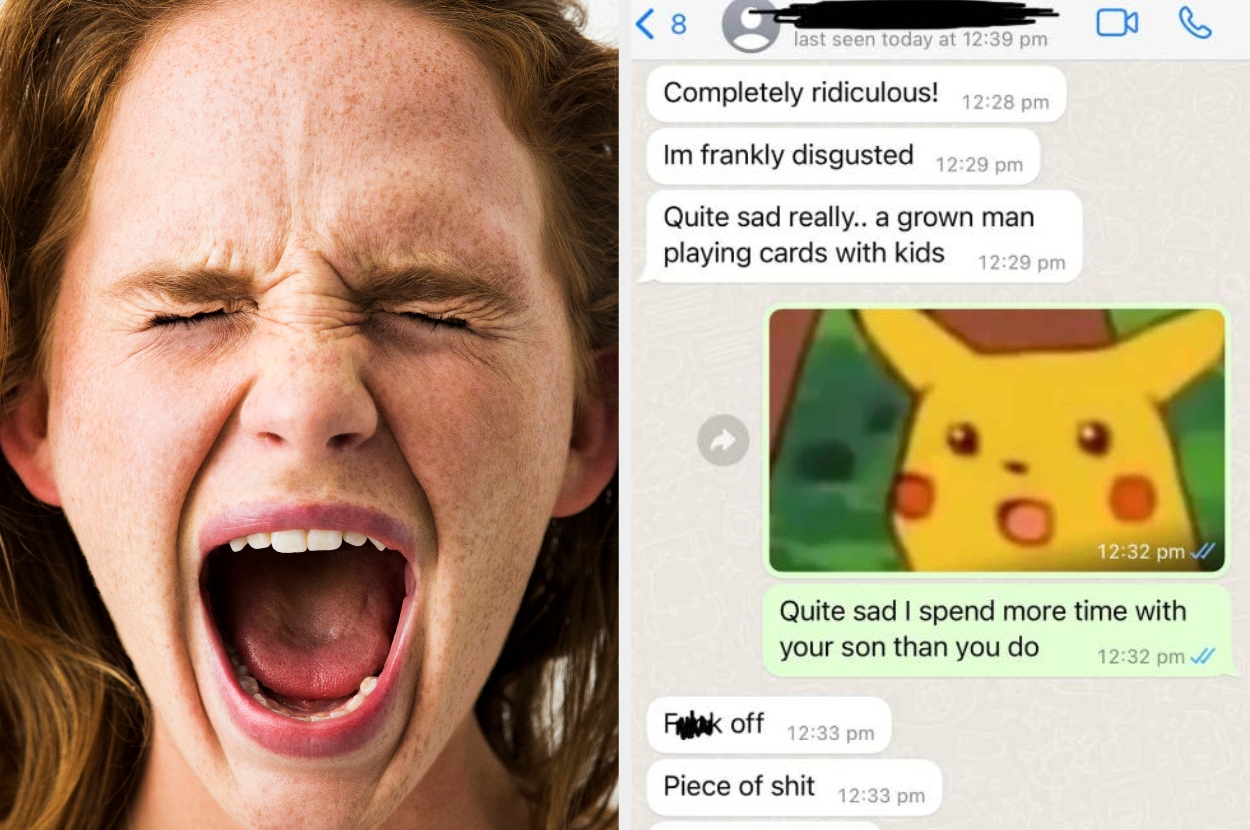 Split image: Left shows a person yelling. Right shows a phone screenshot of a text exchange with a Pikachu meme and argumentative texts