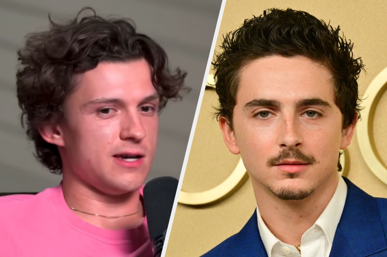 Two men posing separately; one in a casual setting with a microphone, the other on the red carpet in a blue suit