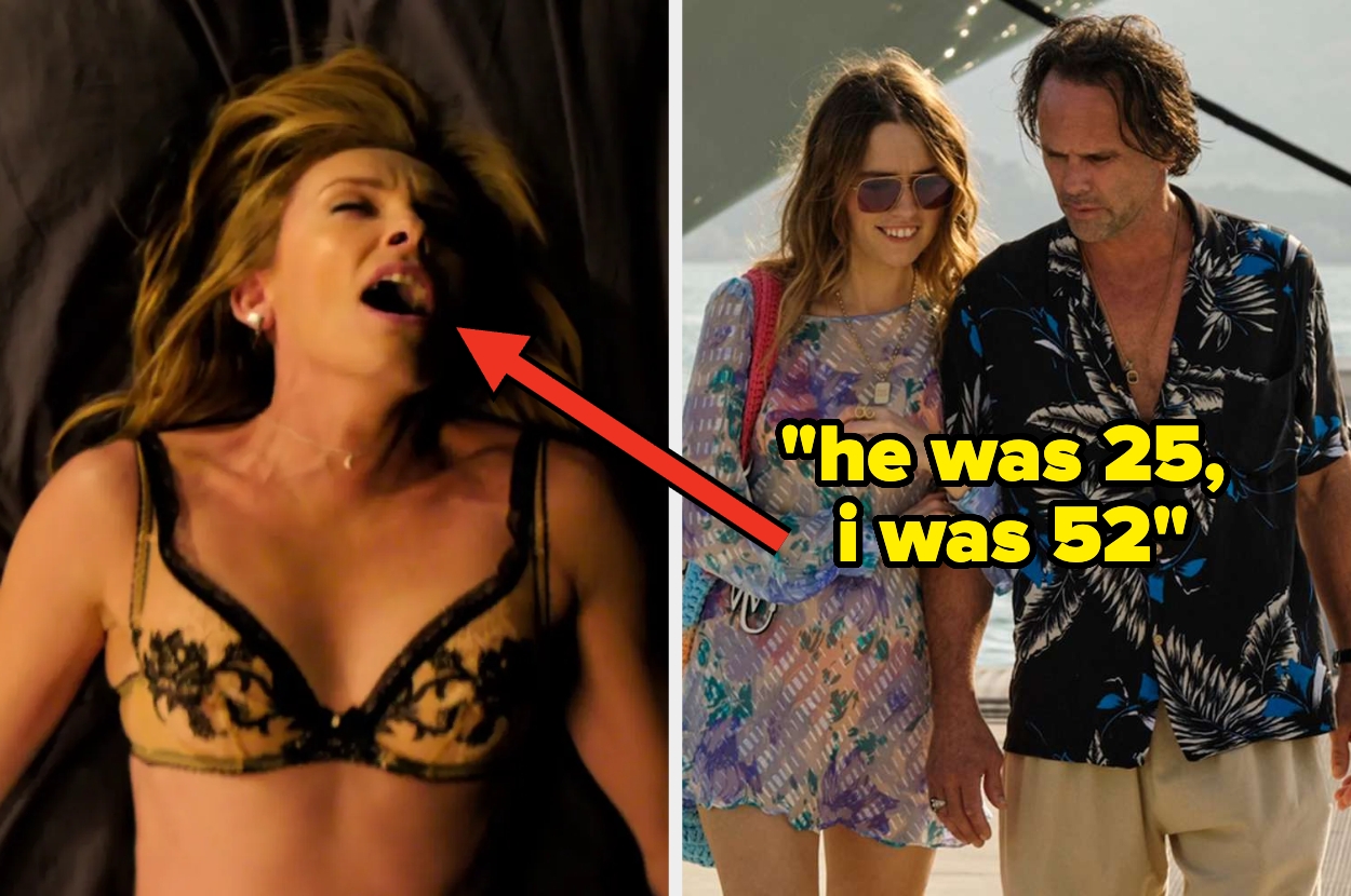 Two images show scenes from separate films. A woman in lingerie appears in one, while a couple in casual beach attire is in the other. A quote reads, "he was 25, i was 52."