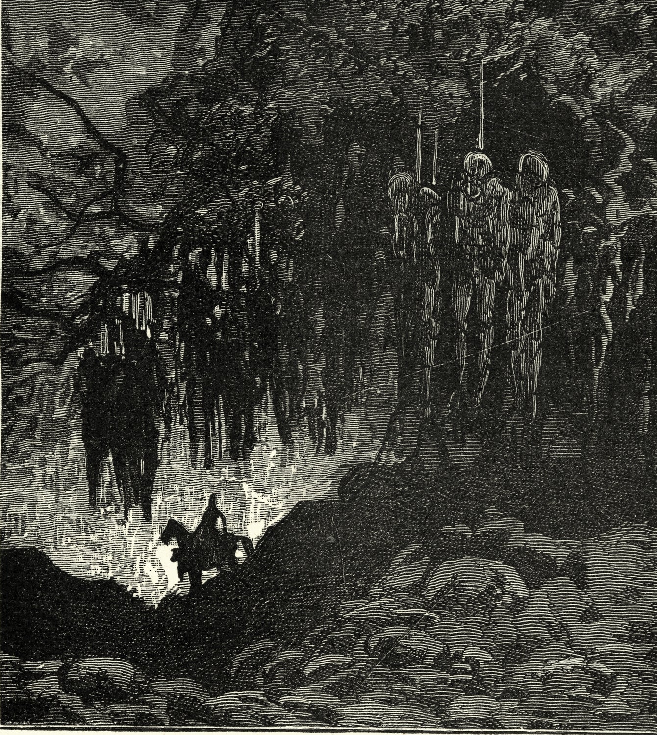 Illustration of a lone rider connected  a equine  approaching a mysterious, acheronian  wood  with figures resembling hanged bodies hanging from the branches