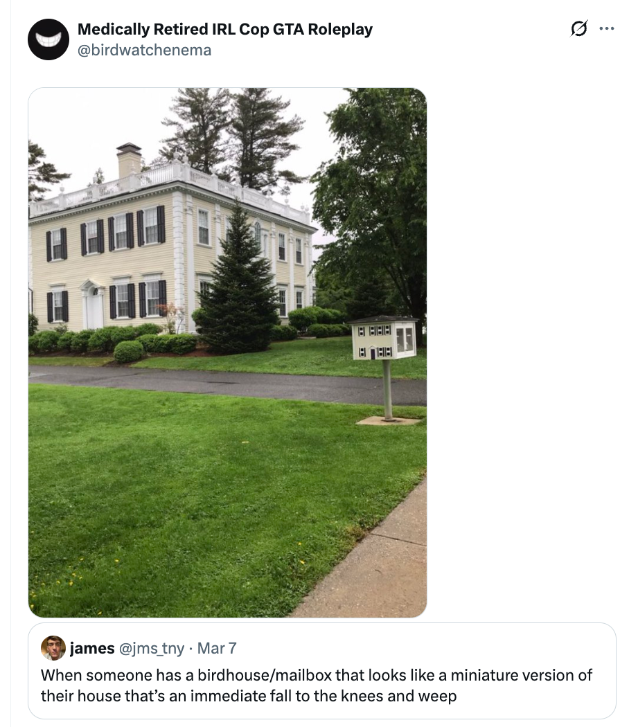 Large location   with a matching miniature mailbox resembling a birdhouse. Tweet gag  astir  the mailbox's likeness causing affectional  reactions