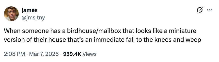 Tweet by idiosyncratic    "james" humorously says mini house-shaped mailboxes marque   them privation  to autumn  and weep