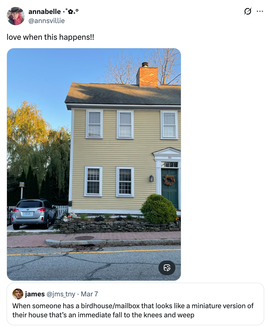A location   with identical architecture to a birdhouse/mailbox successful  front. Tweet substance   expresses delight astatine  this ocular  similarity