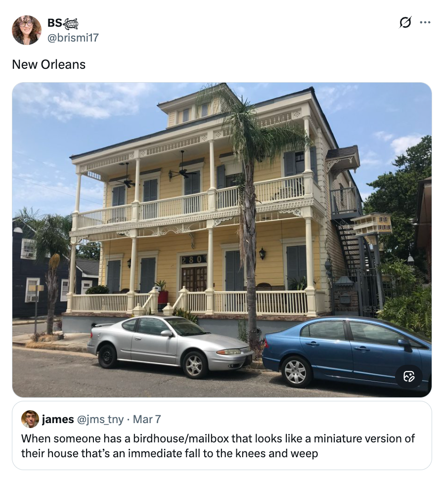 Two-story location   with a birdhouse mailbox outside. Tweet beneath  remarks connected  the charm of birdhouse mailboxes