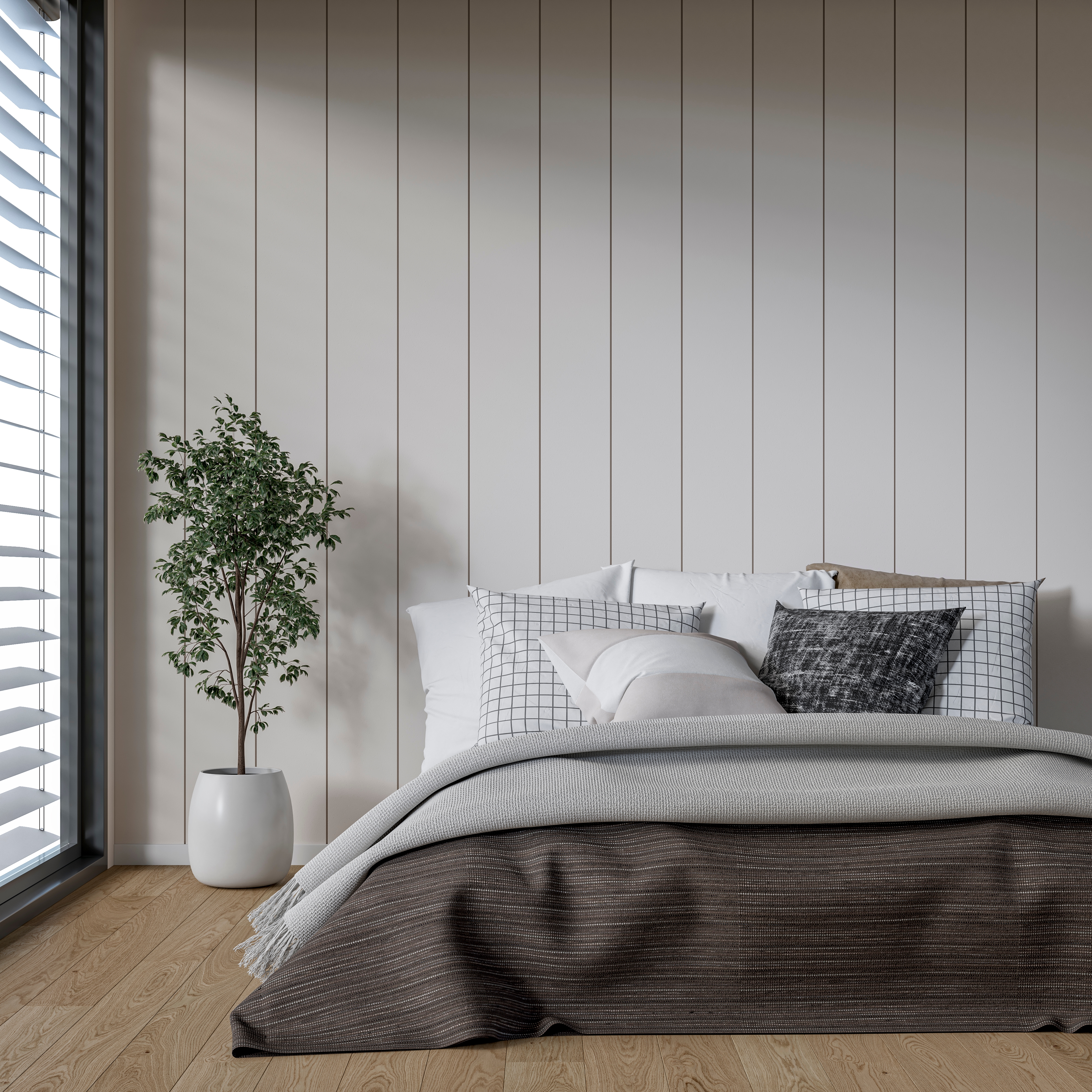 Cozy chamber  with a neatly made furniture  featuring aggregate  pillows, a blanket, and a potted works  by a ample  model   with blinds