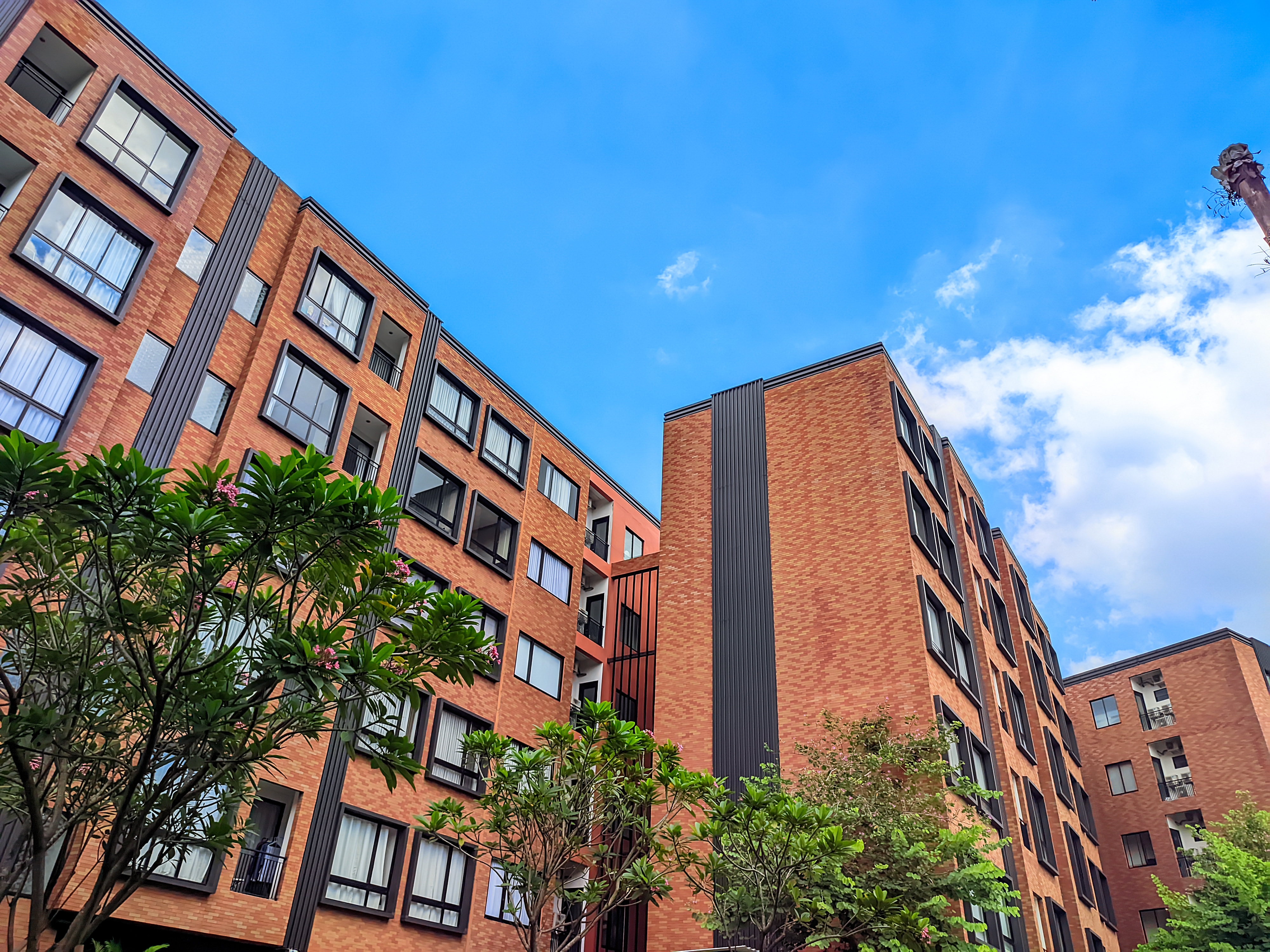 Brick lodging  buildings with ample  windows and surrounding trees